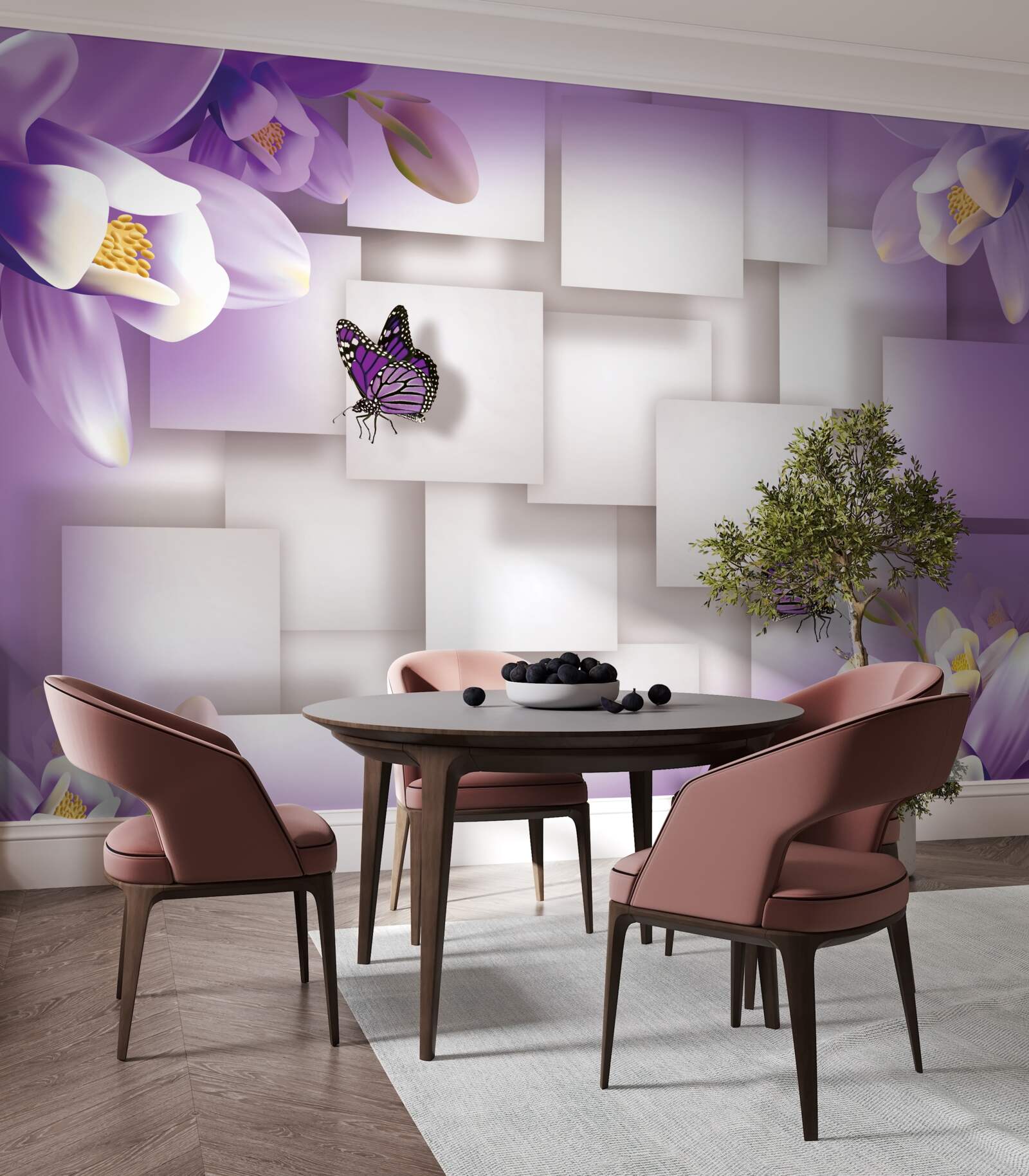 Fototapet flori albe și fluturi sunt vizibile pe un fundal abstract de liliac