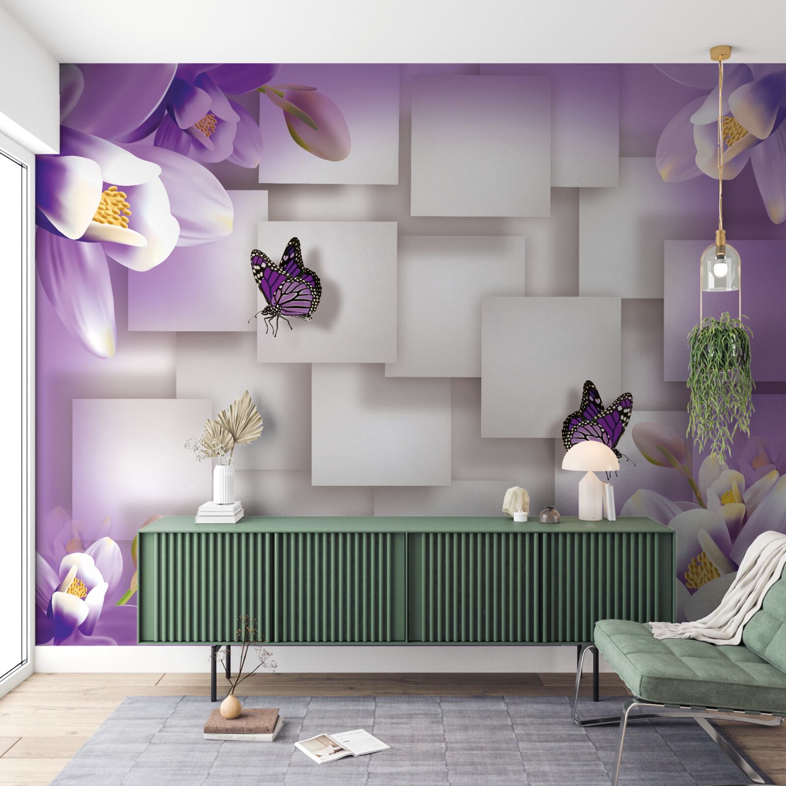 Fototapet flori albe și fluturi sunt vizibile pe un fundal abstract de liliac