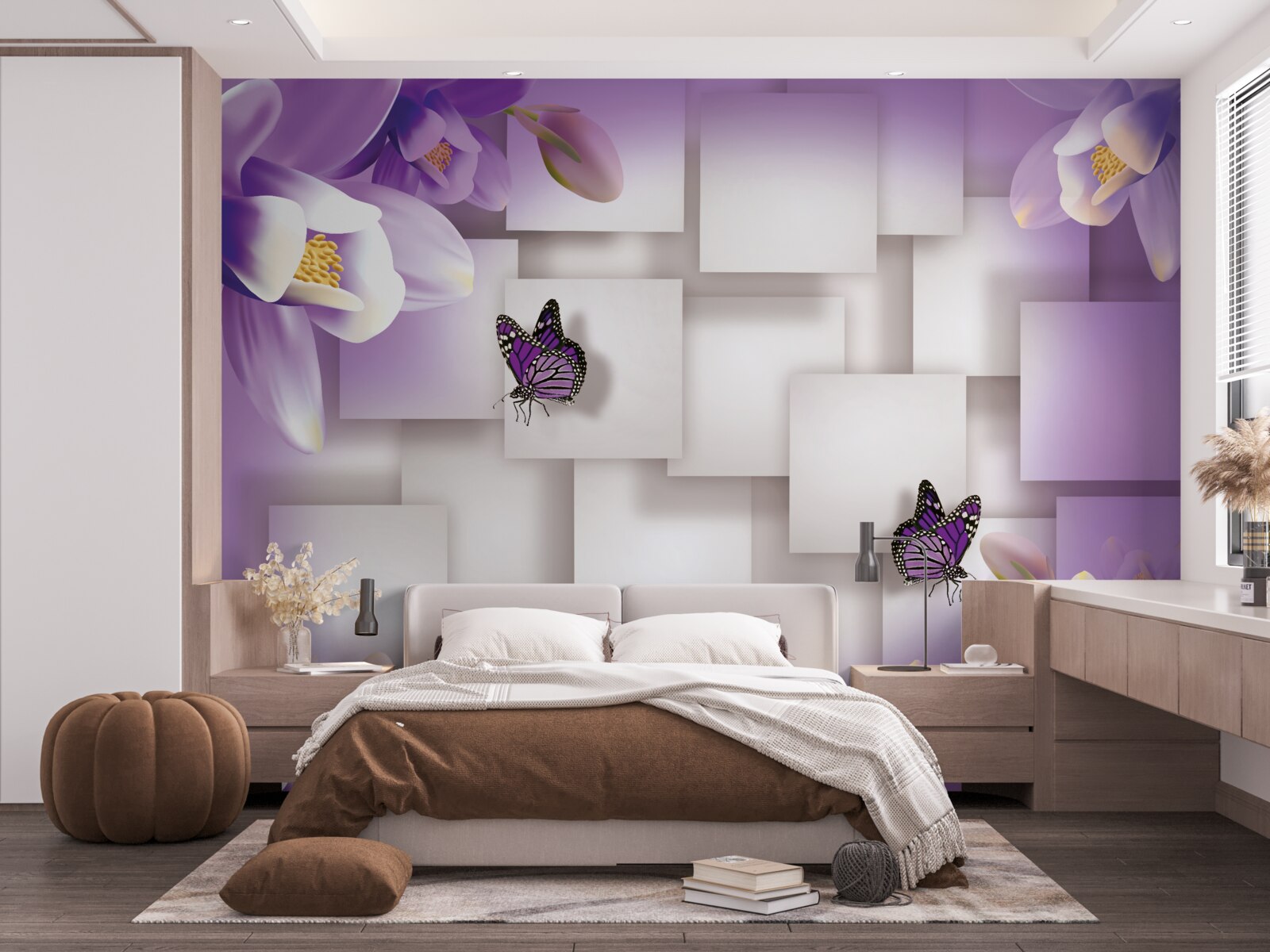 Fototapet flori albe și fluturi sunt vizibile pe un fundal abstract de liliac