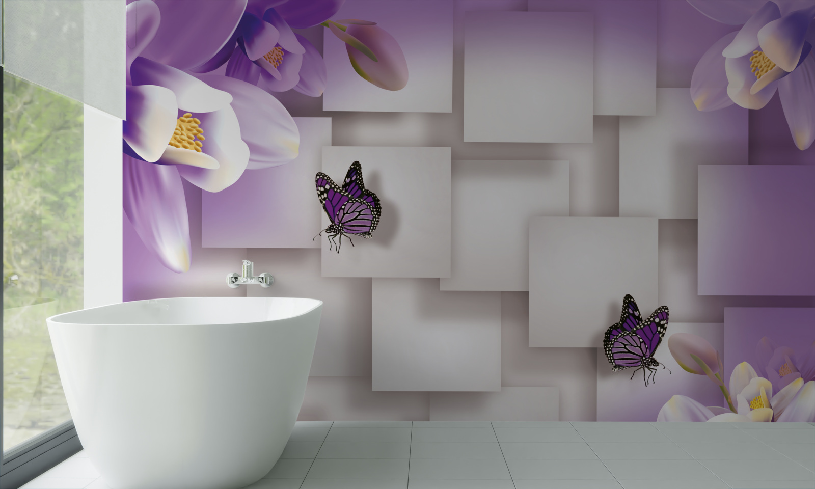 Fototapet flori albe și fluturi sunt vizibile pe un fundal abstract de liliac