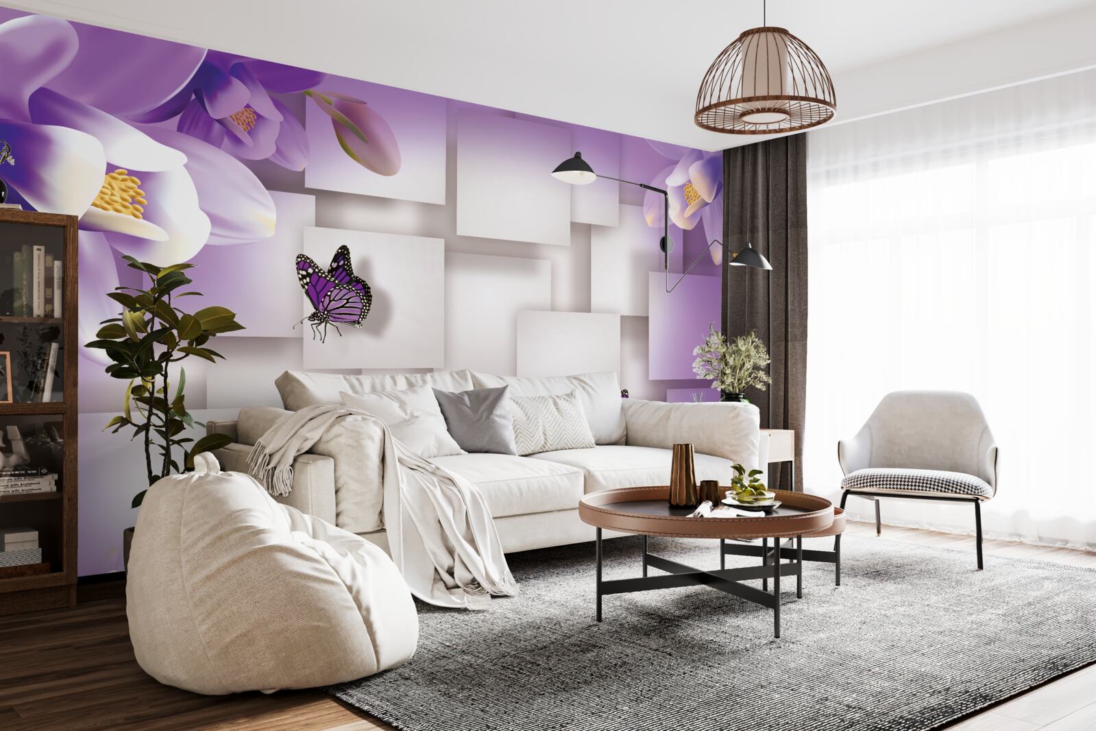 Fototapet flori albe și fluturi sunt vizibile pe un fundal abstract de liliac