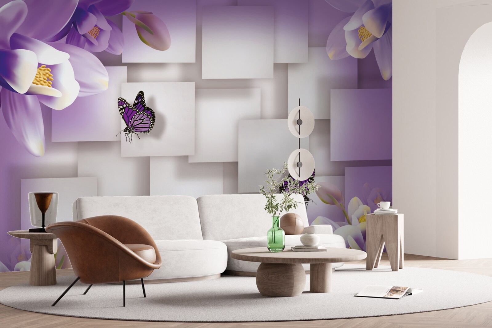 Fototapet flori albe și fluturi sunt vizibile pe un fundal abstract de liliac