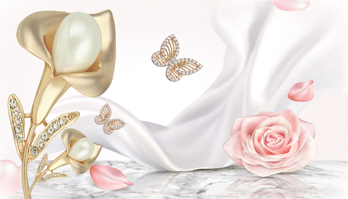 Fototapet perle aurite pe țesătură de mătase cu trandafiri