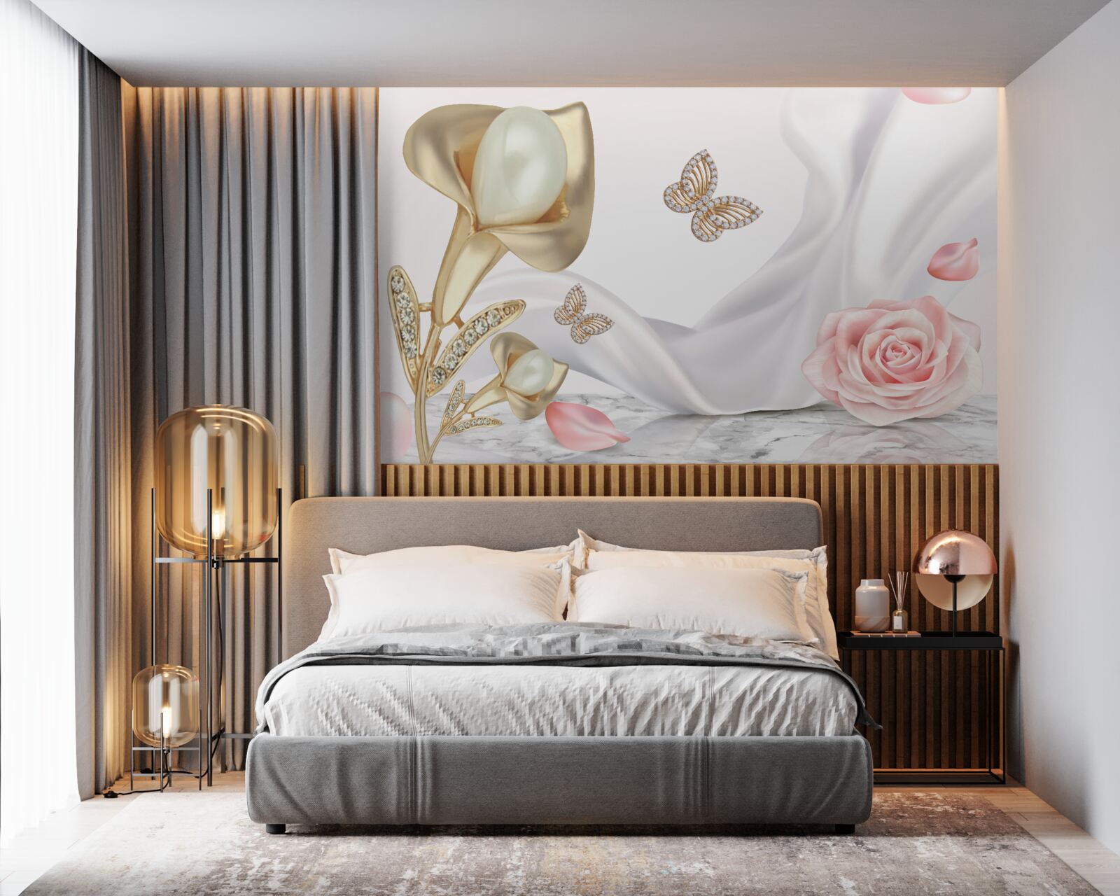 Fototapet perle aurite pe țesătură de mătase cu trandafiri