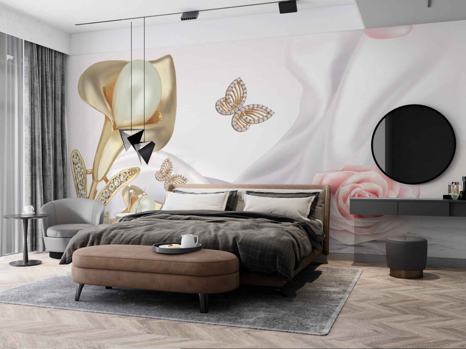 Fototapet perle aurite pe țesătură de mătase cu trandafiri