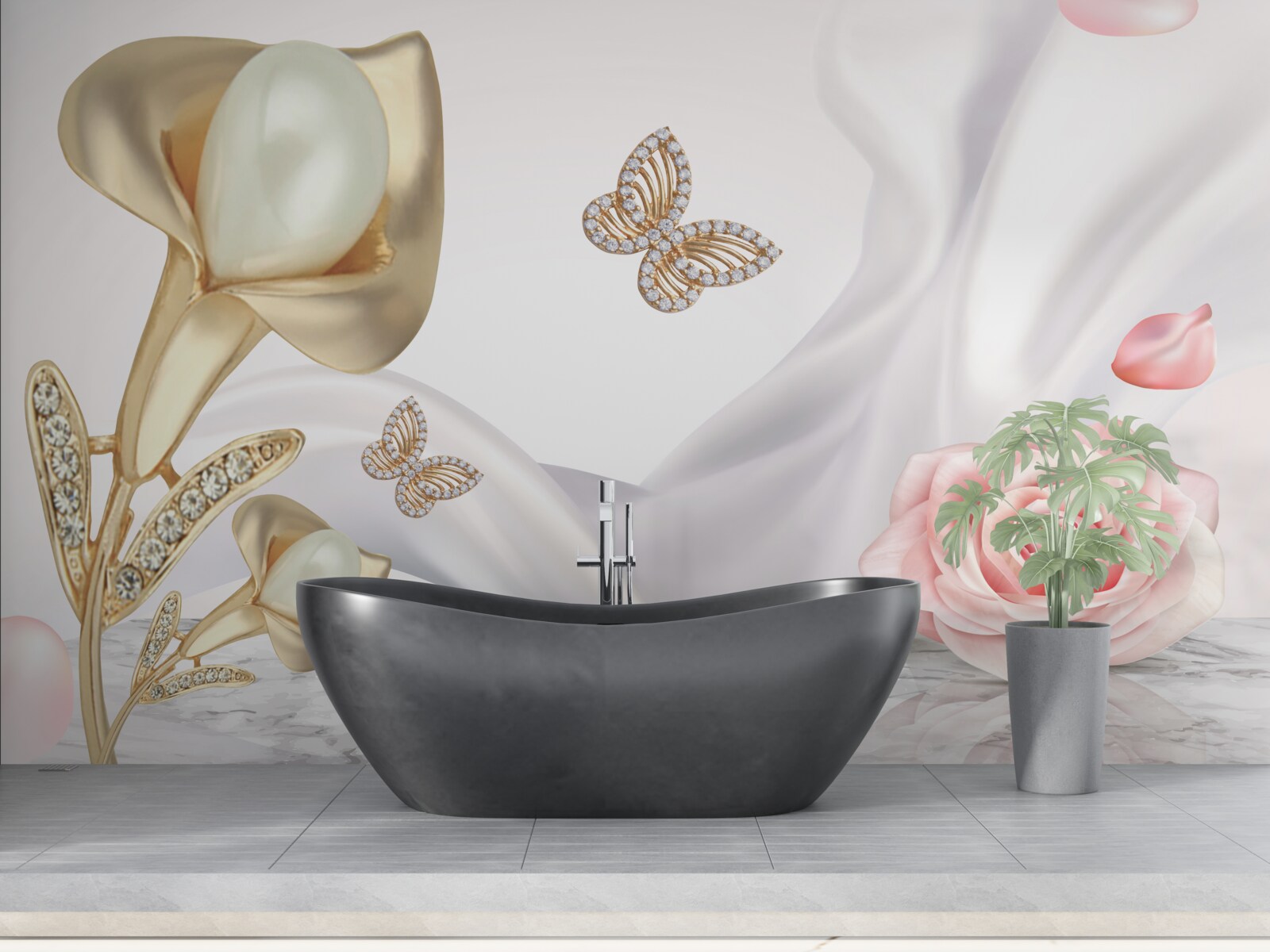 Fototapet perle aurite pe țesătură de mătase cu trandafiri