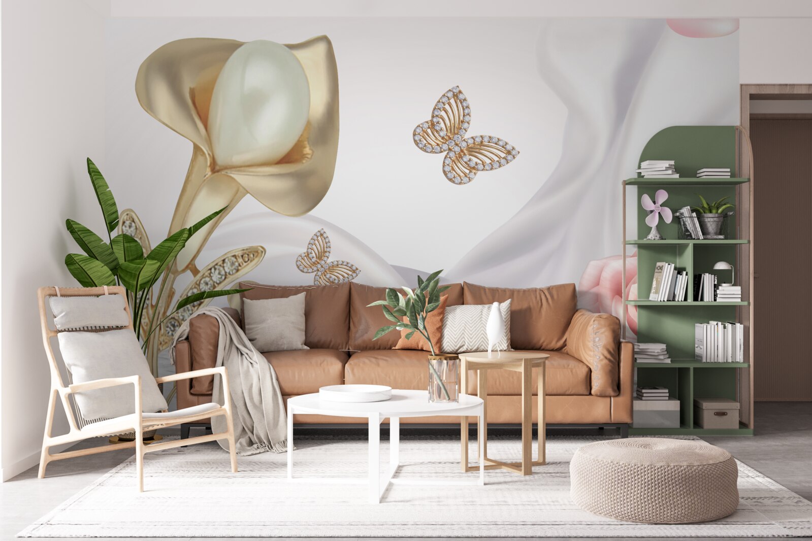 Fototapet perle aurite pe țesătură de mătase cu trandafiri