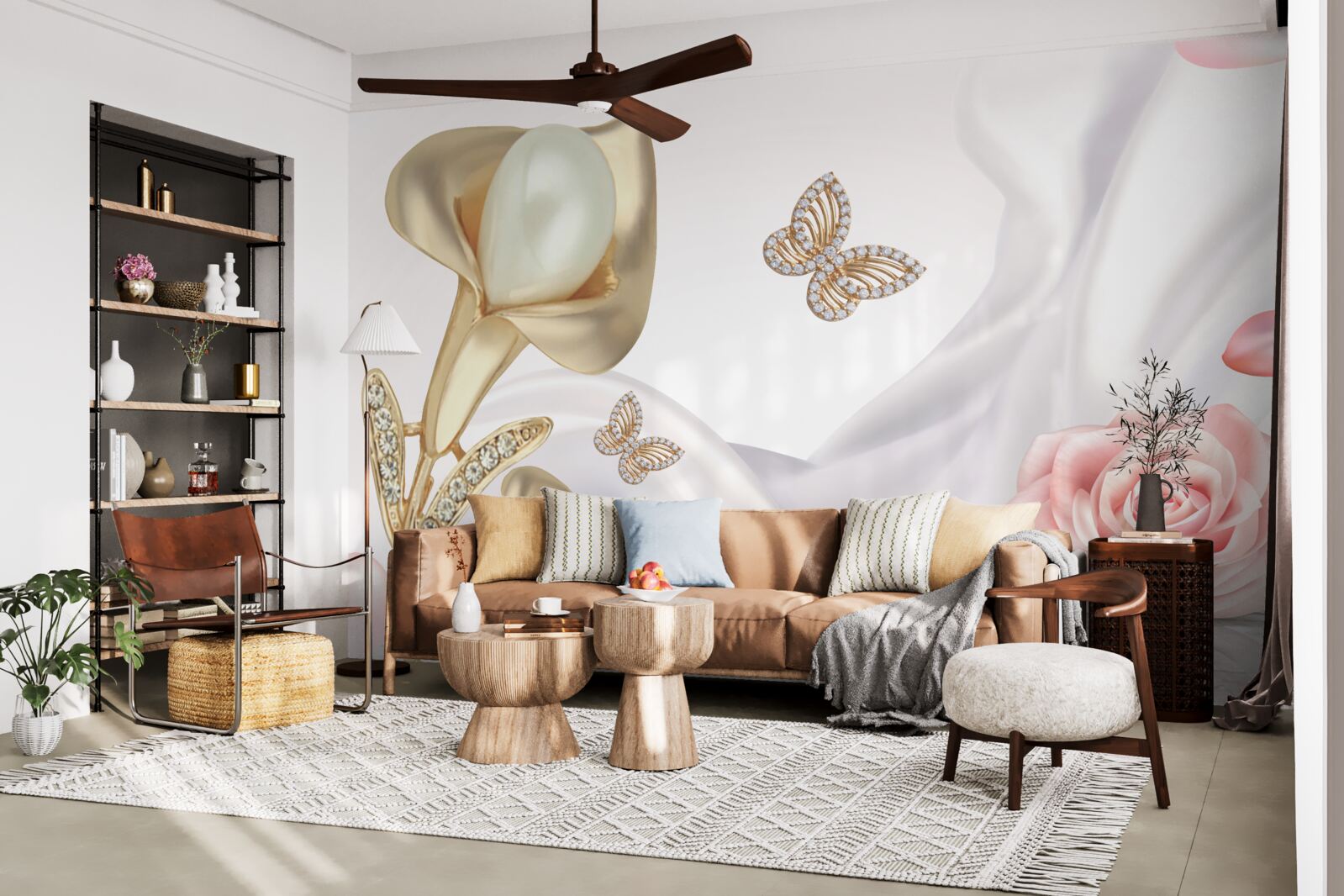 Fototapet perle aurite pe țesătură de mătase cu trandafiri