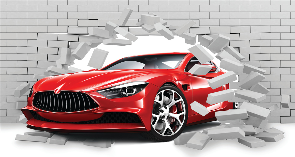 Fototapet mașina roșie lovește zidul de cărămidă