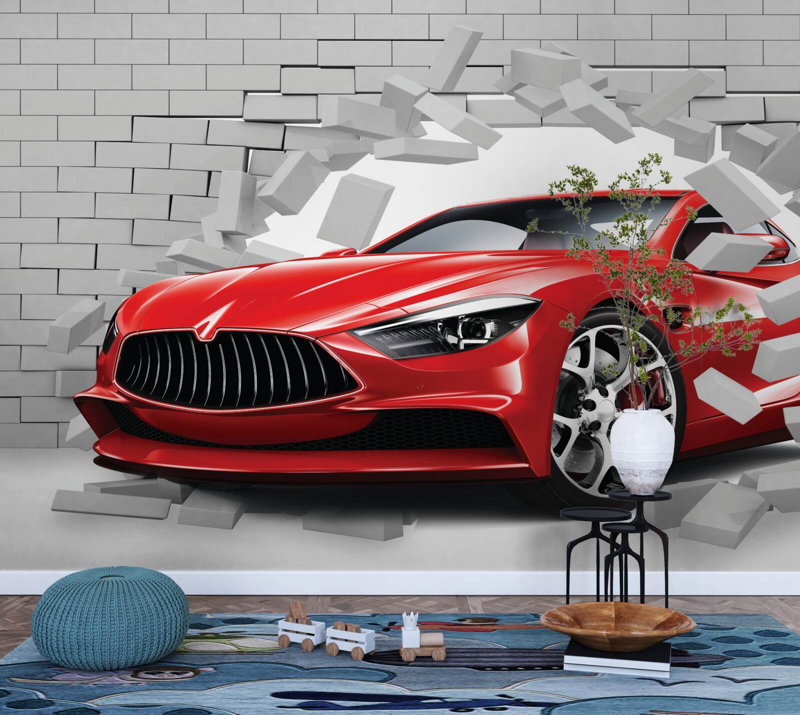 Fototapet mașina roșie lovește zidul de cărămidă