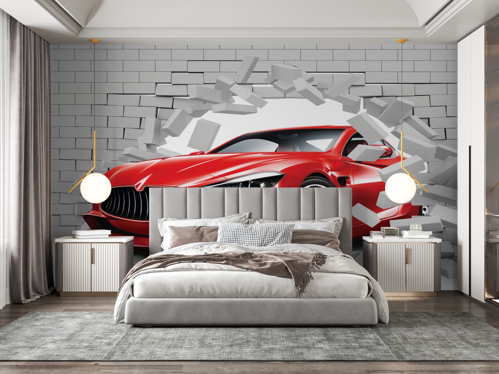 Fototapet mașina roșie lovește zidul de cărămidă