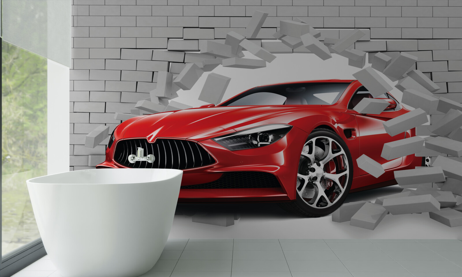 Fototapet mașina roșie lovește zidul de cărămidă