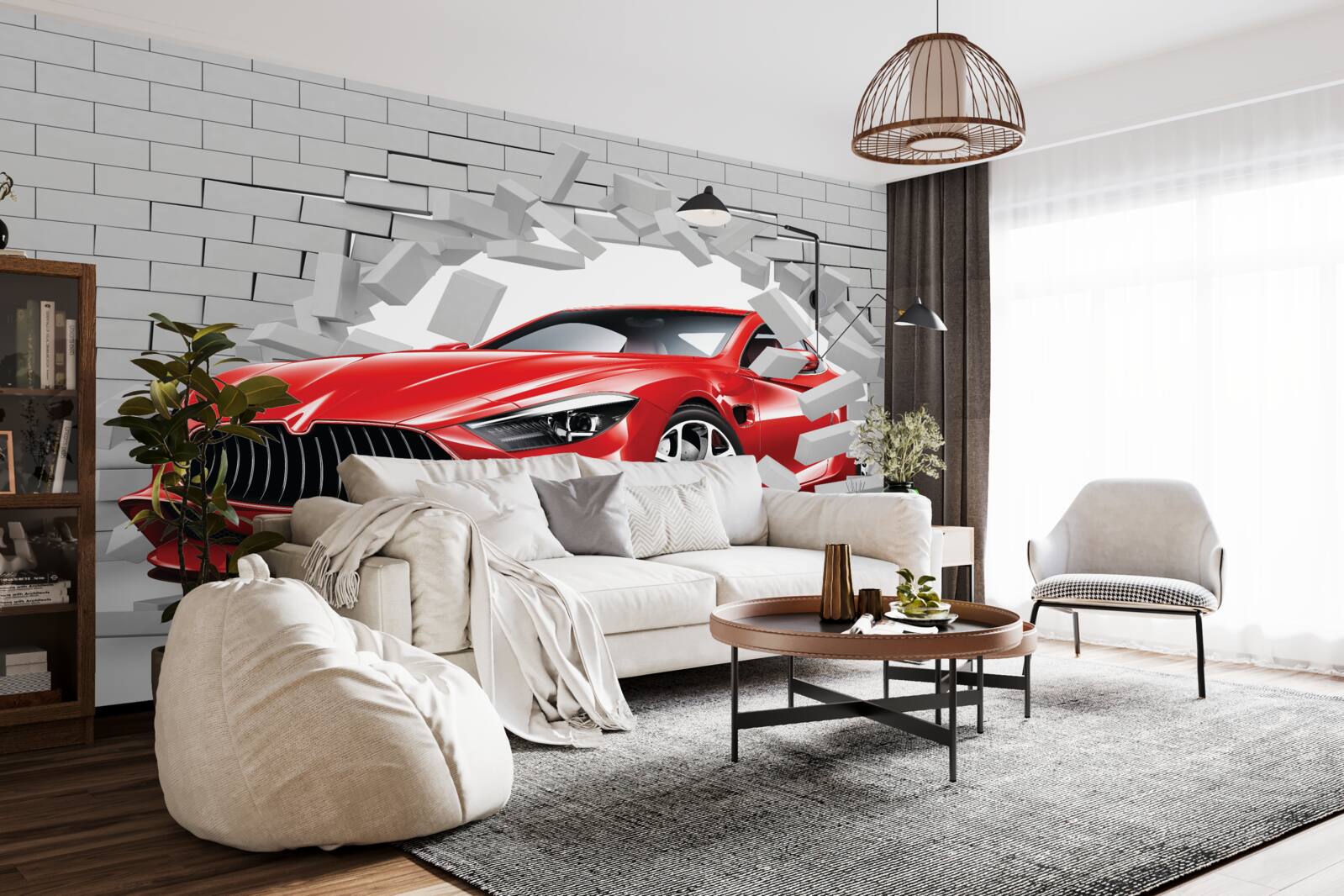 Fototapet mașina roșie lovește zidul de cărămidă