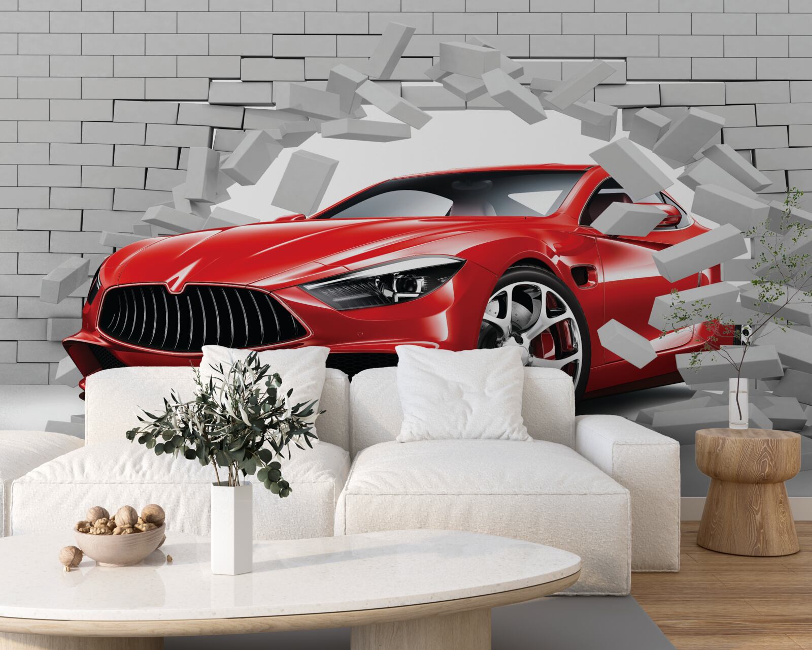 Fototapet mașina roșie lovește zidul de cărămidă