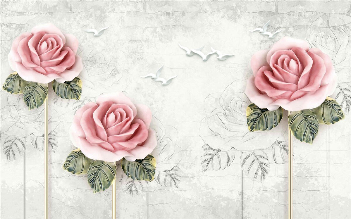 Fototapet trandafir subțire stacojiu și pescăruși albi ca zăpada