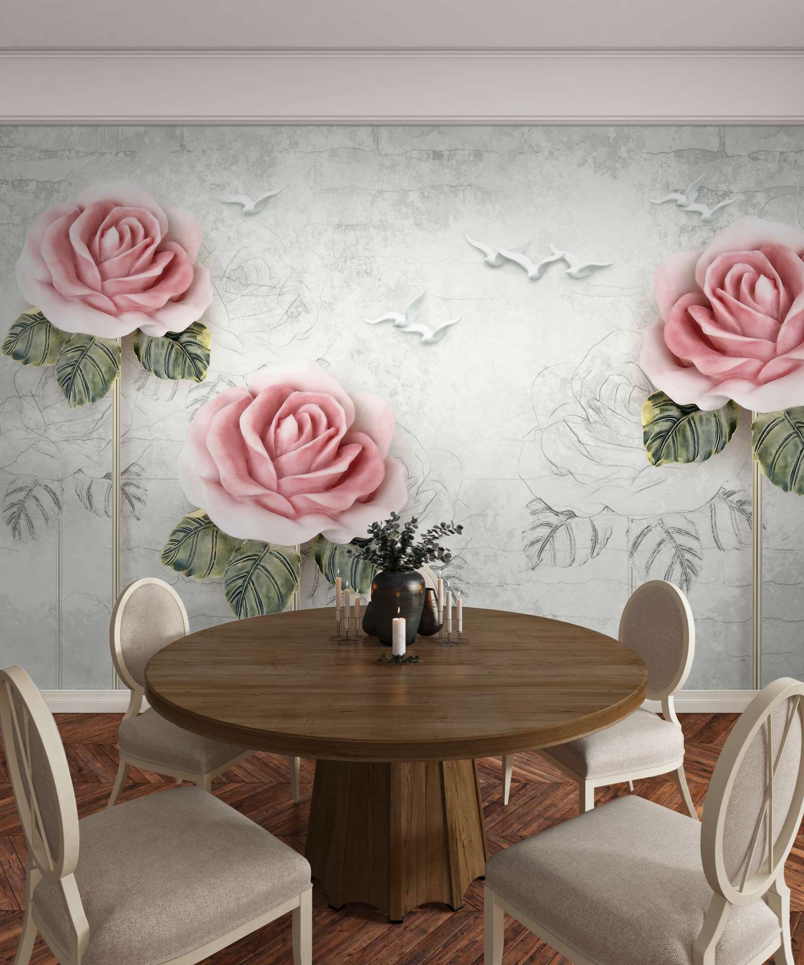 Fototapet trandafir subțire stacojiu și pescăruși albi ca zăpada