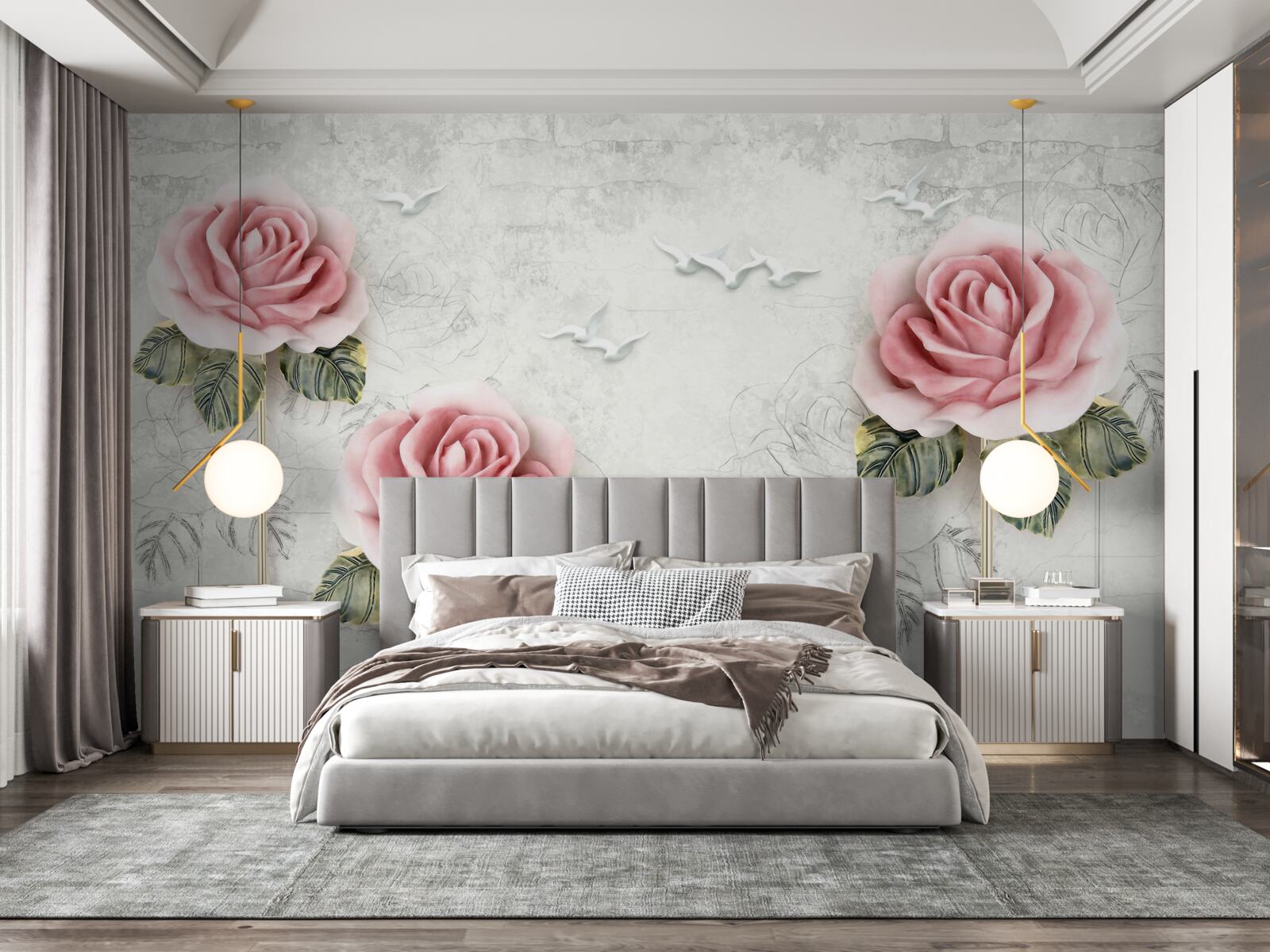 Fototapet trandafir subțire stacojiu și pescăruși albi ca zăpada