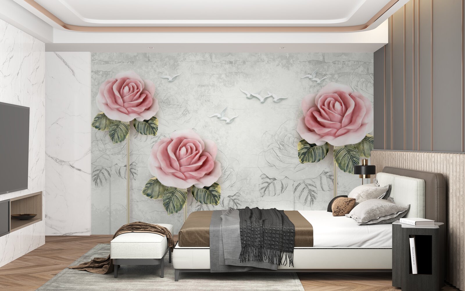 Fototapet trandafir subțire stacojiu și pescăruși albi ca zăpada