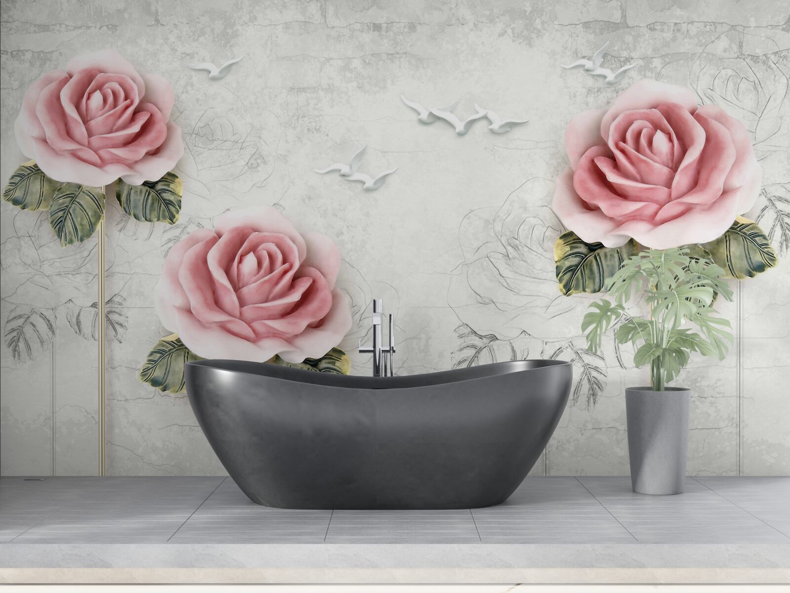 Fototapet trandafir subțire stacojiu și pescăruși albi ca zăpada