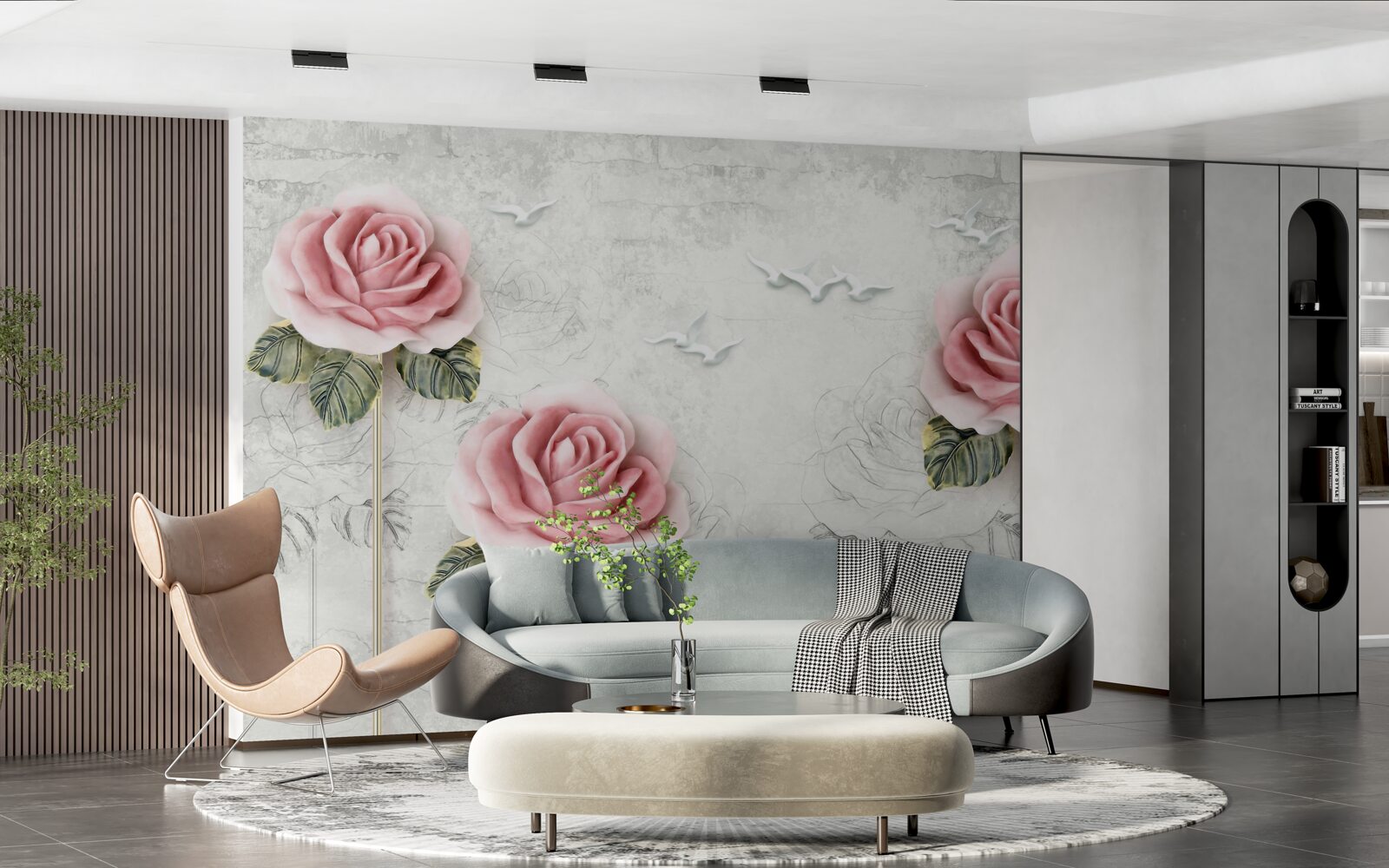 Fototapet trandafir subțire stacojiu și pescăruși albi ca zăpada