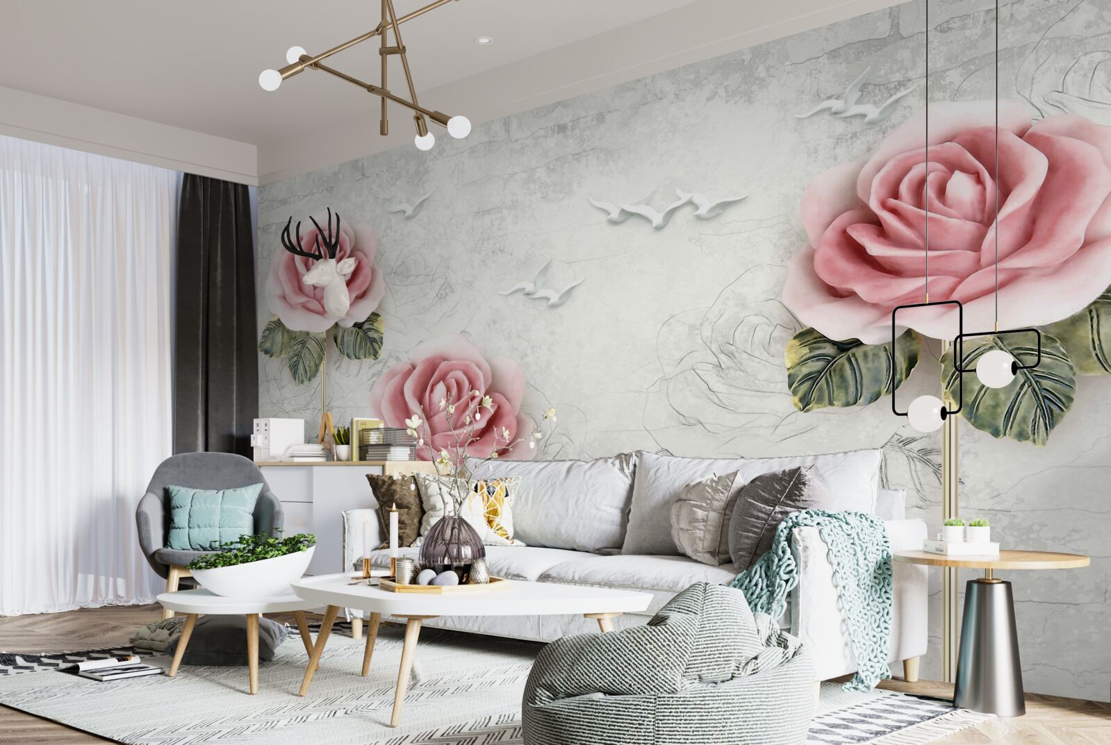 Fototapet trandafir subțire stacojiu și pescăruși albi ca zăpada