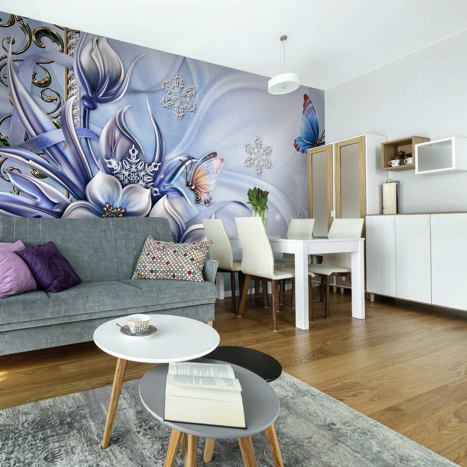 Fototapet fluturii zboară peste flori albastre ca zăpada