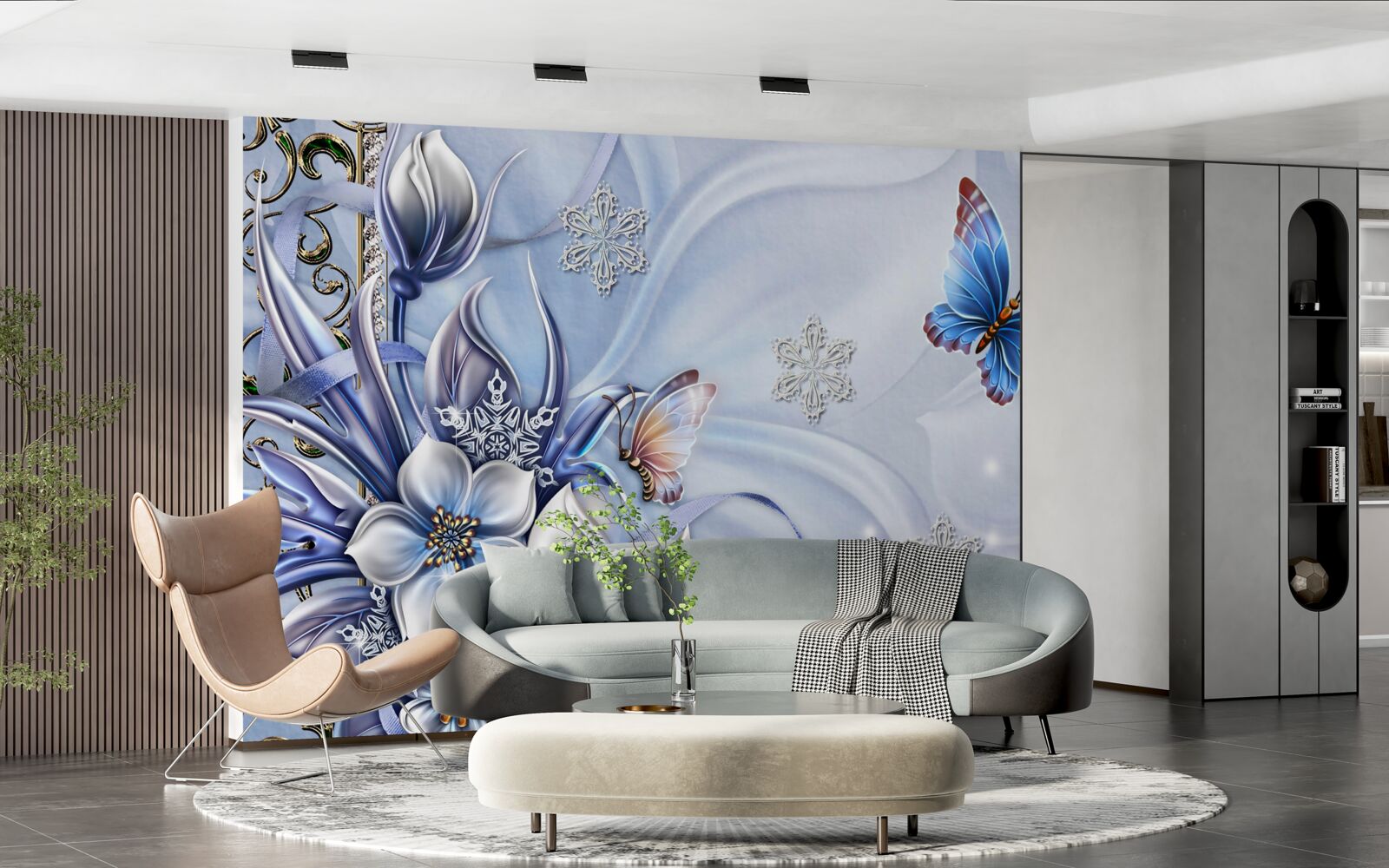 Fototapet fluturii zboară peste flori albastre ca zăpada