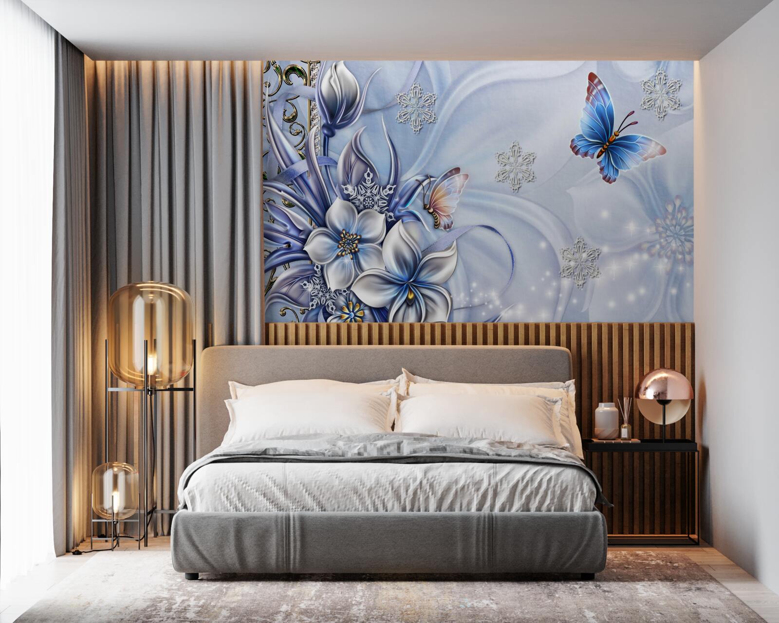 Fototapet fluturii zboară peste flori albastre ca zăpada