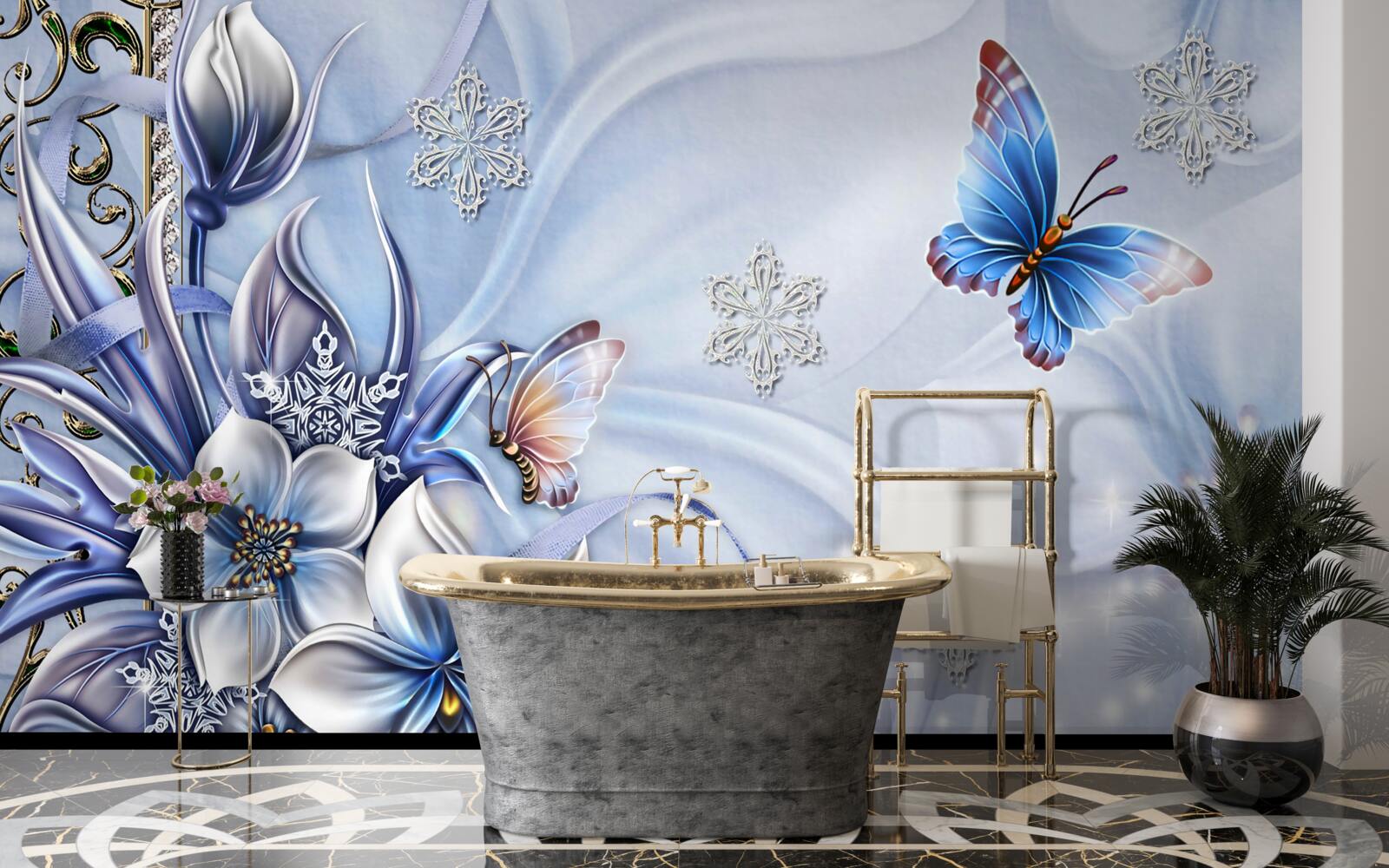 Fototapet fluturii zboară peste flori albastre ca zăpada