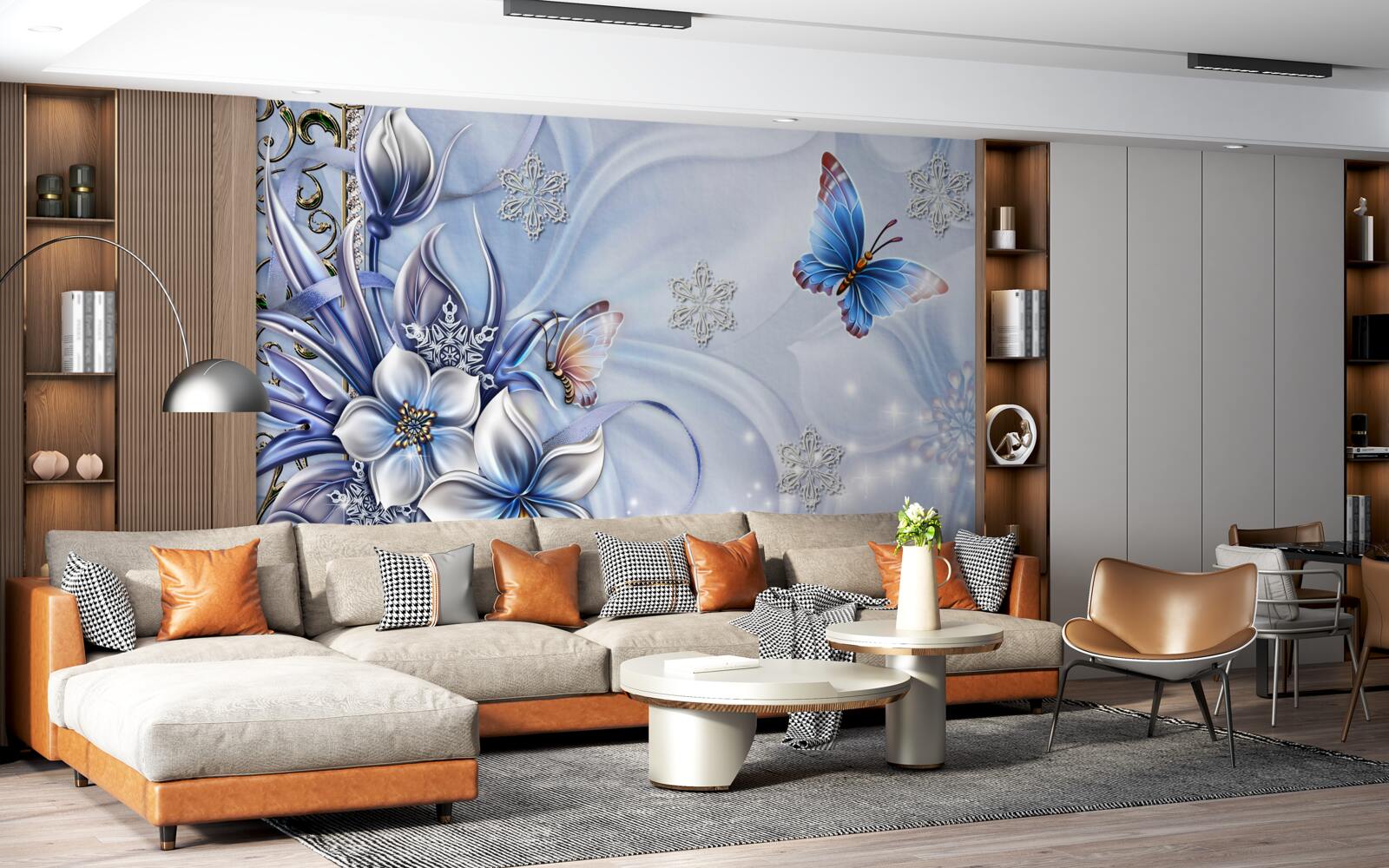 Fototapet fluturii zboară peste flori albastre ca zăpada