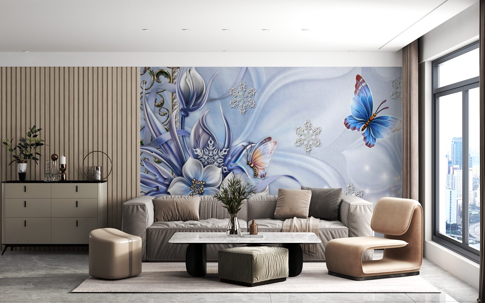 Fototapet fluturii zboară peste flori albastre ca zăpada