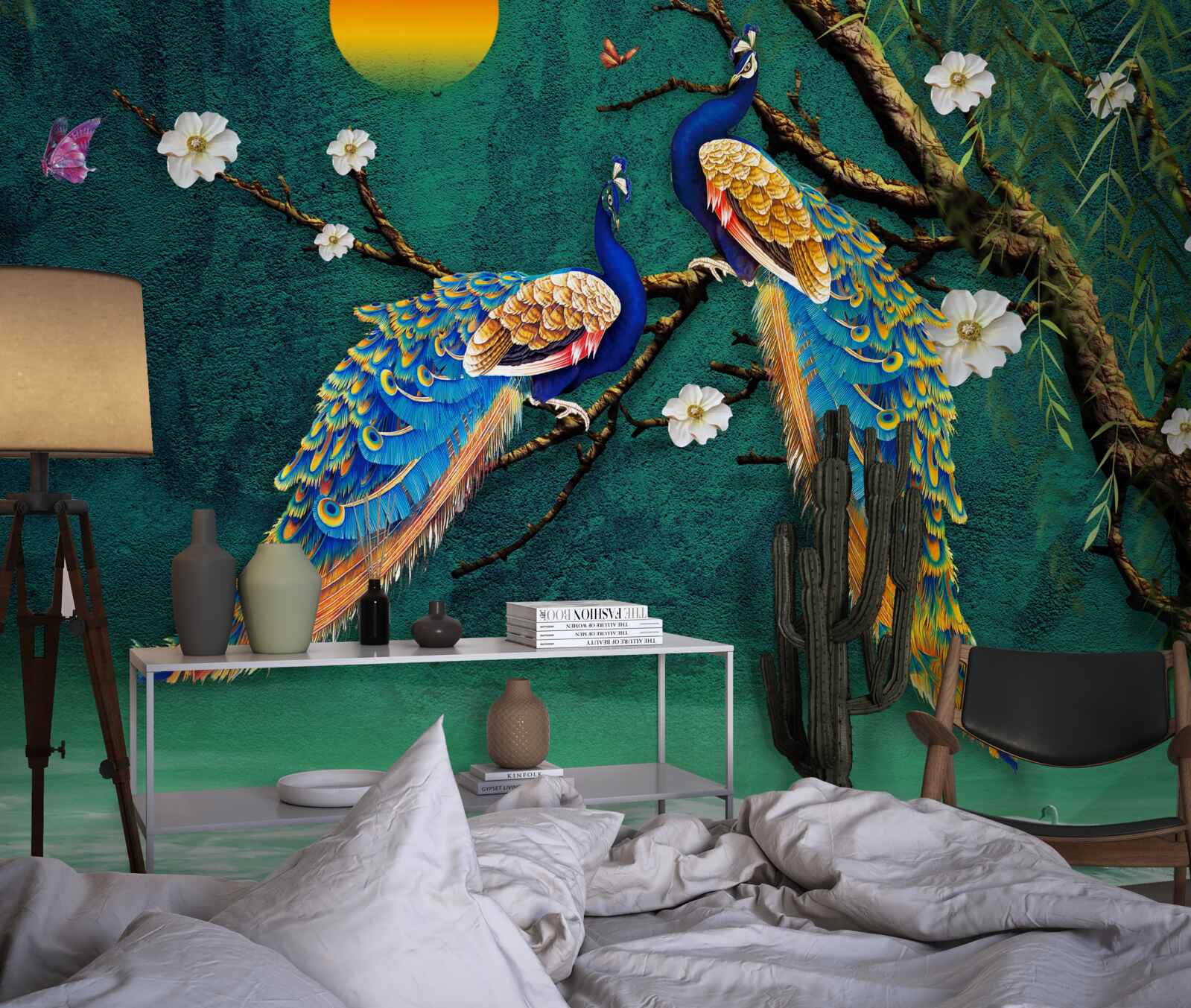 Fototapet la apusul soarelui păunii fac sunete de chemare