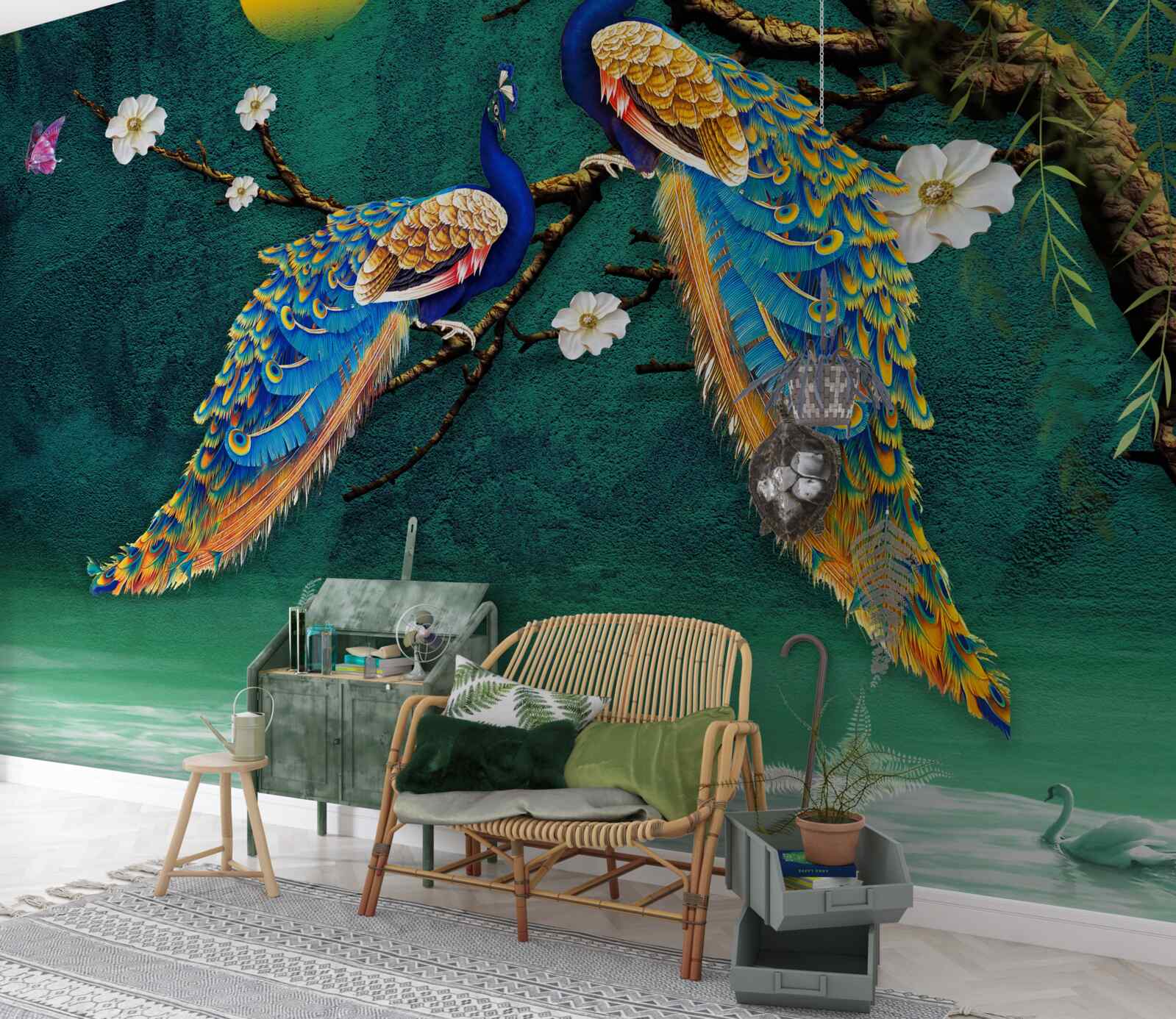 Fototapet la apusul soarelui păunii fac sunete de chemare