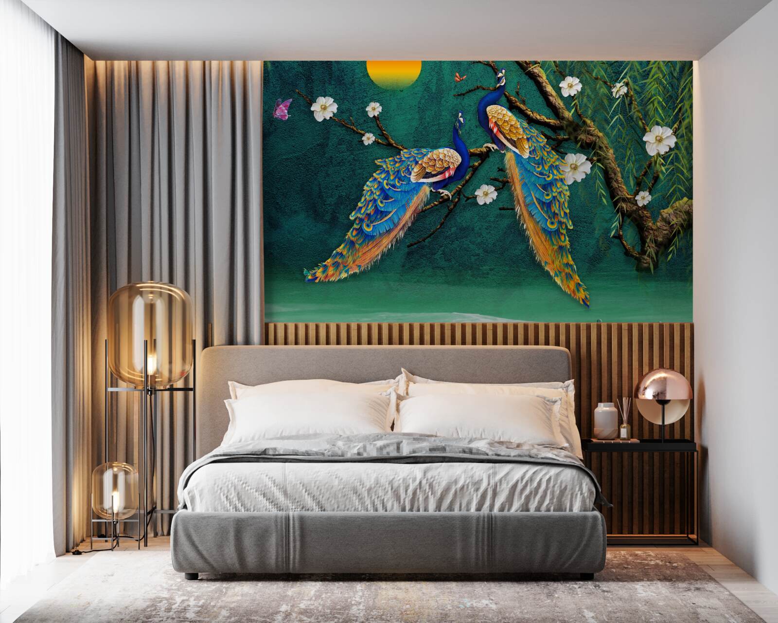 Fototapet la apusul soarelui păunii fac sunete de chemare