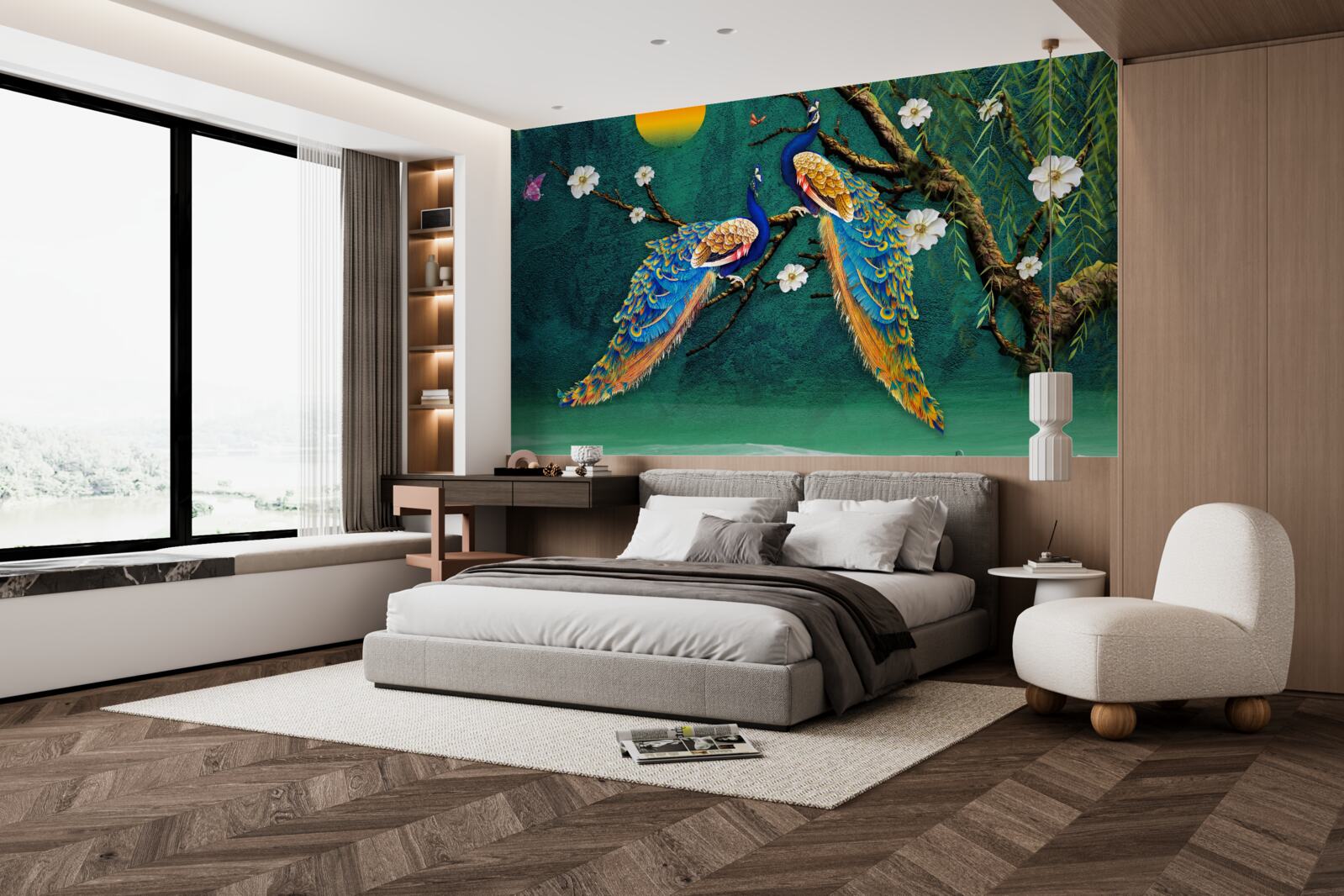 Fototapet la apusul soarelui păunii fac sunete de chemare