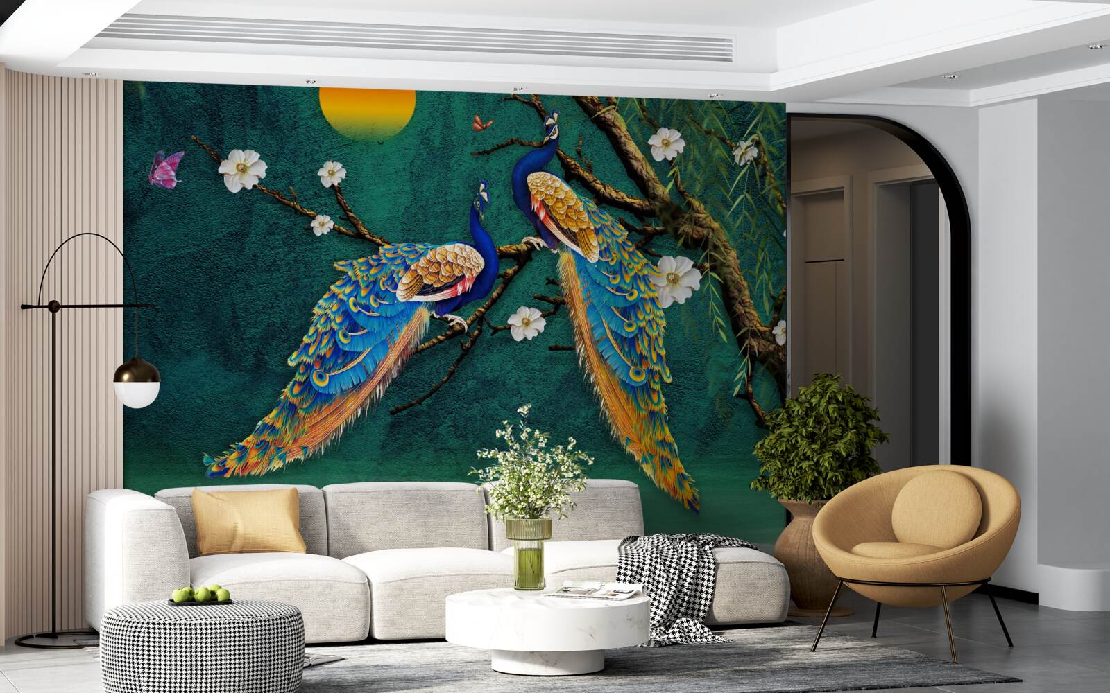 Fototapet la apusul soarelui păunii fac sunete de chemare