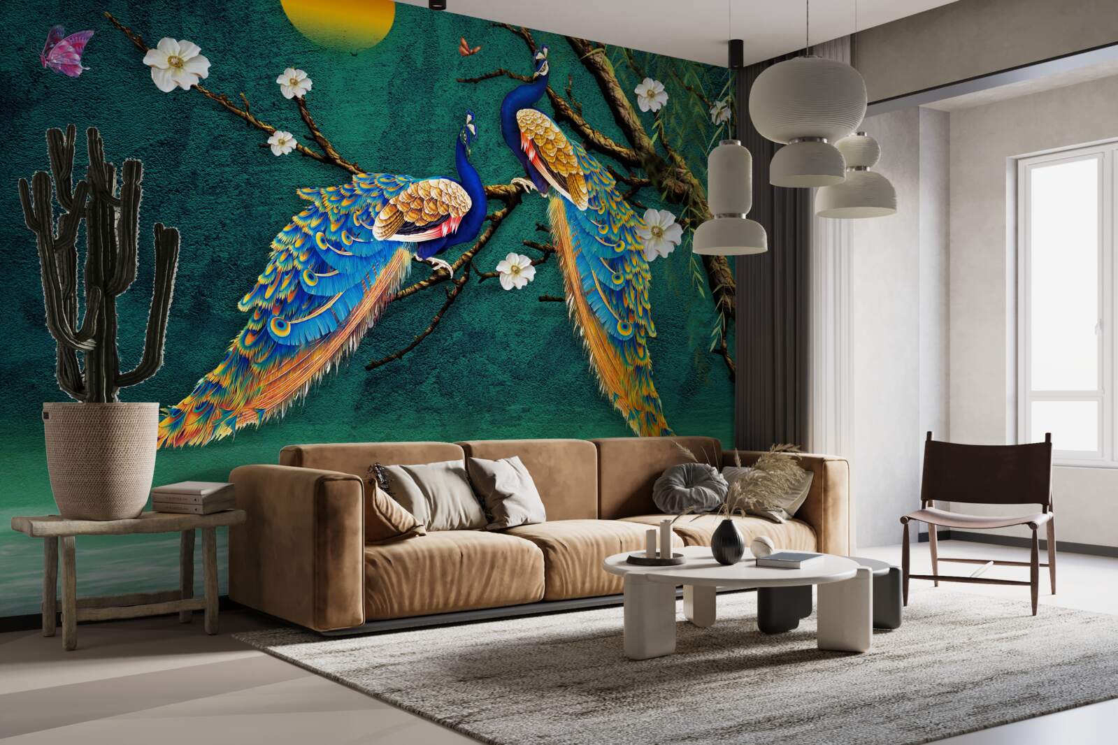 Fototapet la apusul soarelui păunii fac sunete de chemare