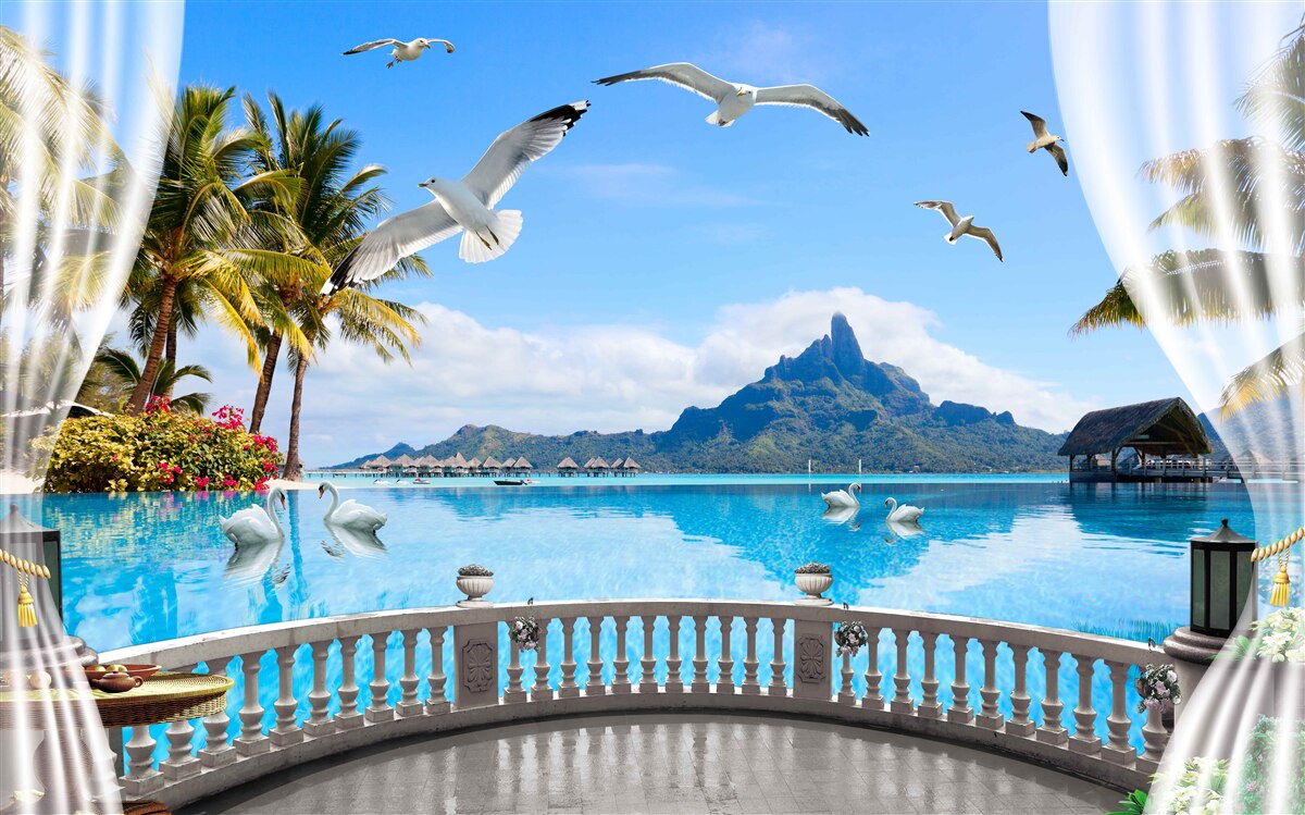 Fototapet terasă cu vedere la munți și iaz