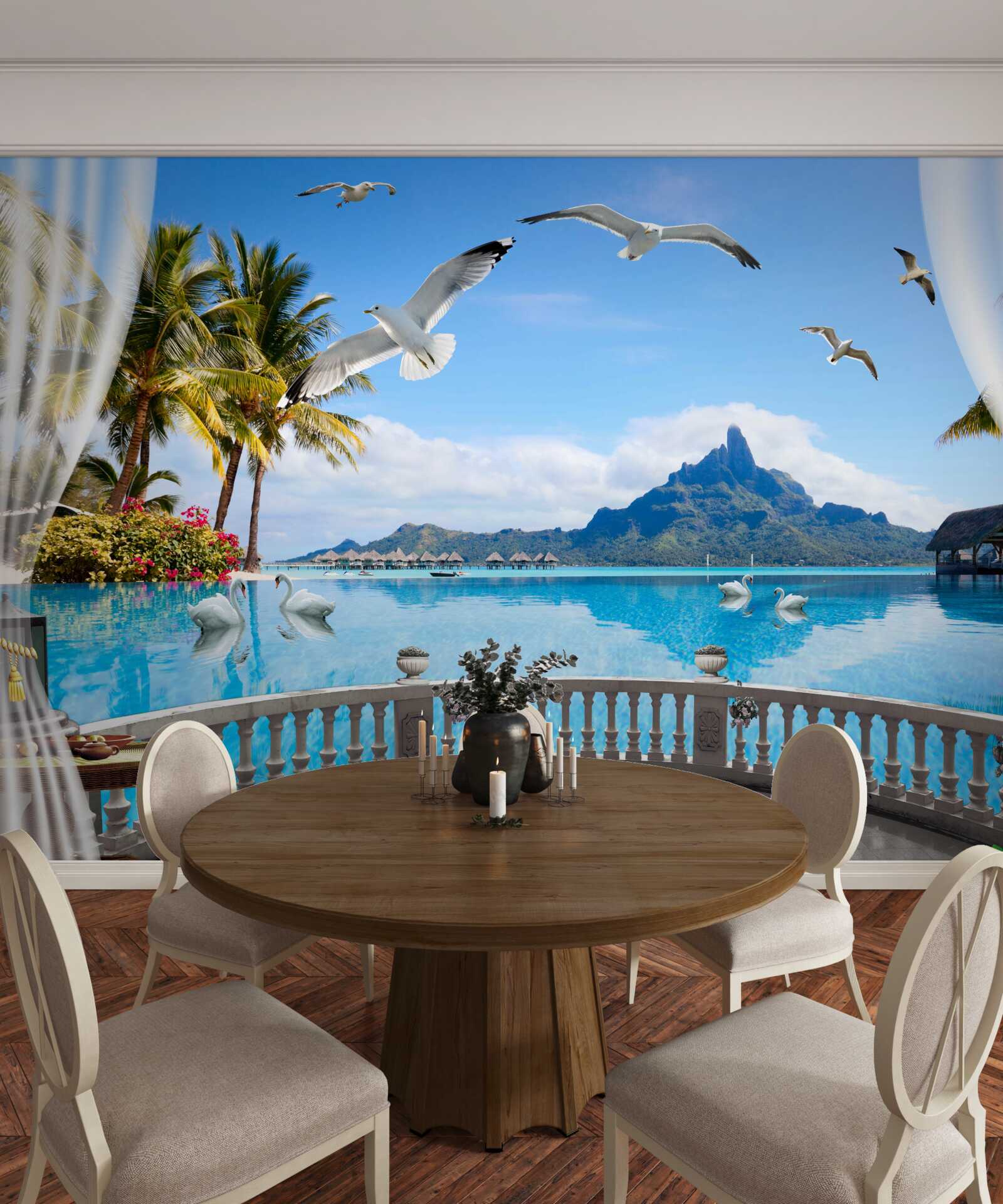 Fototapet terasă cu vedere la munți și iaz