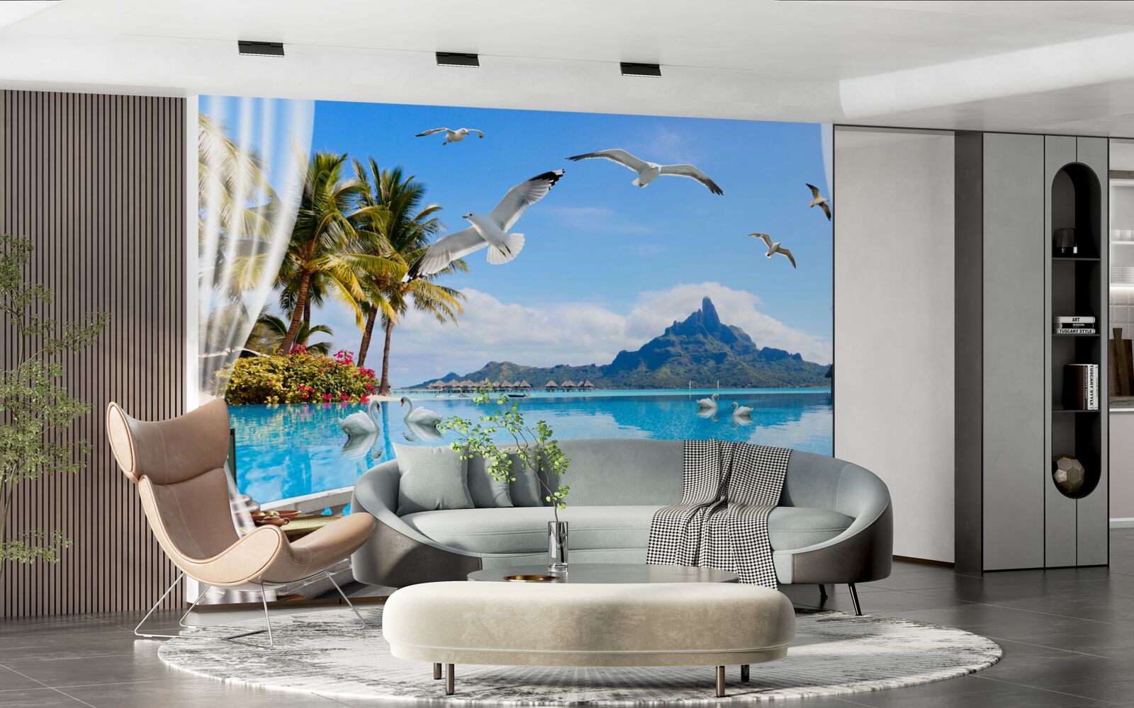 Fototapet terasă cu vedere la munți și iaz