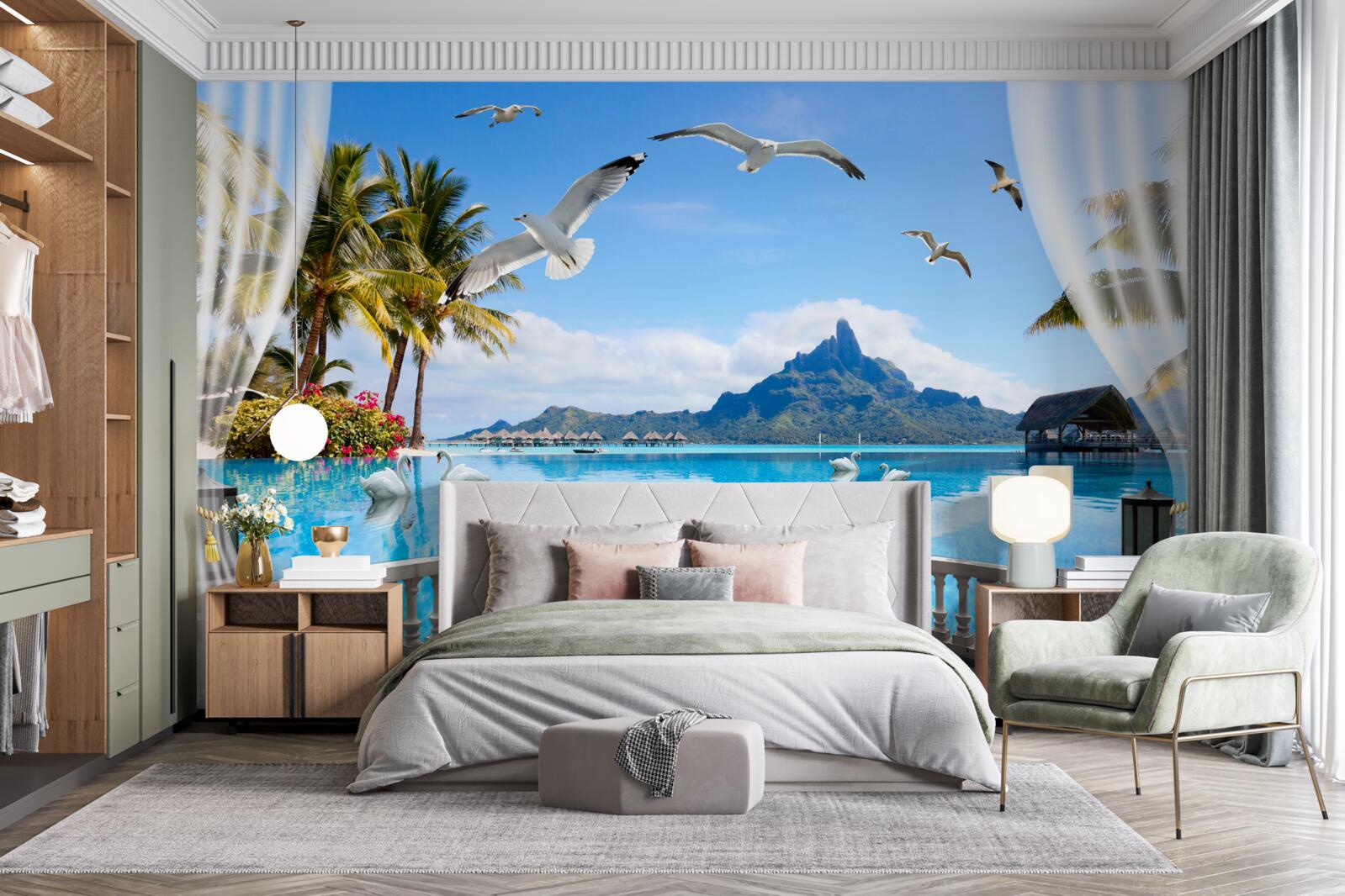 Fototapet terasă cu vedere la munți și iaz