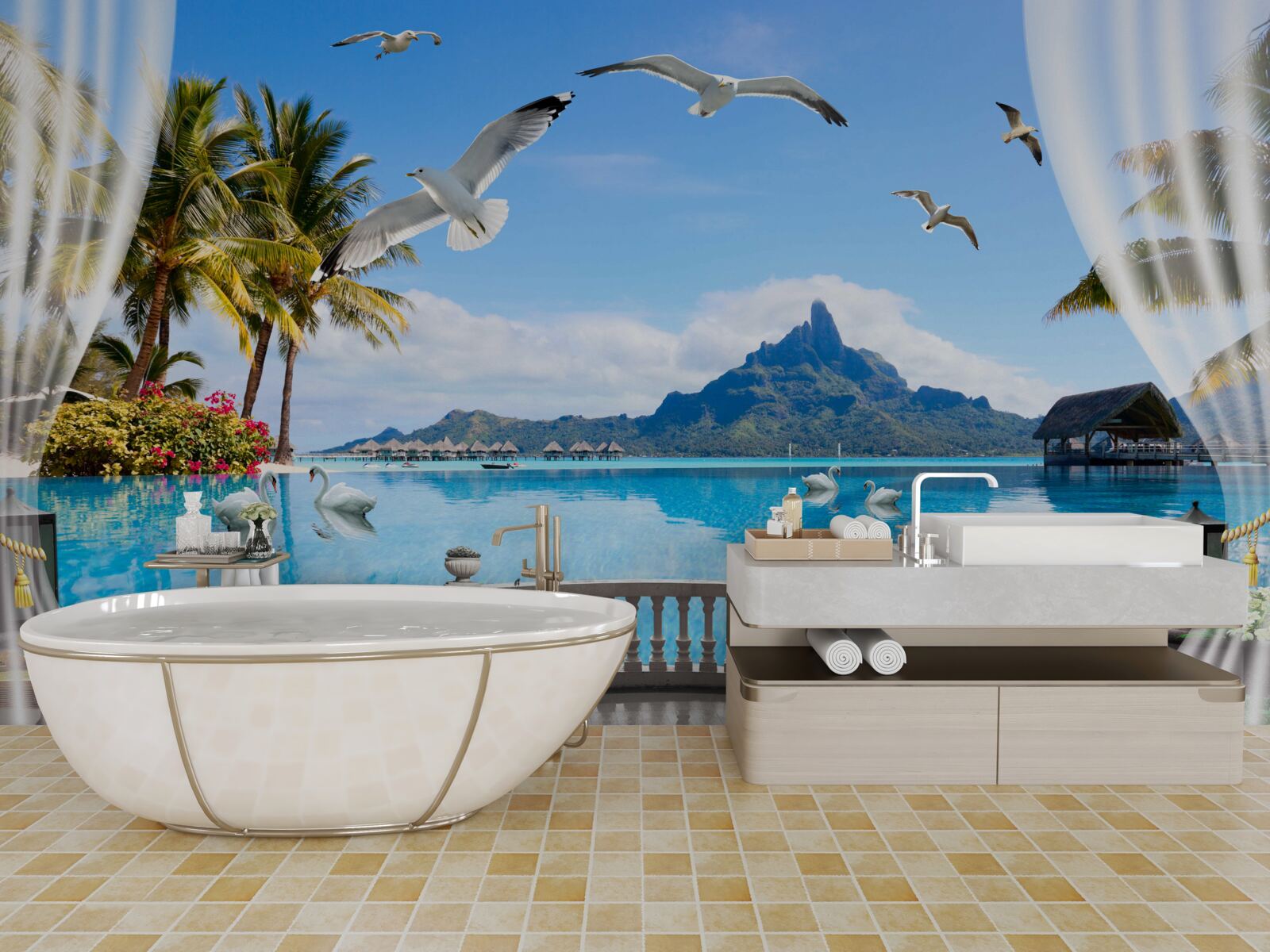 Fototapet terasă cu vedere la munți și iaz