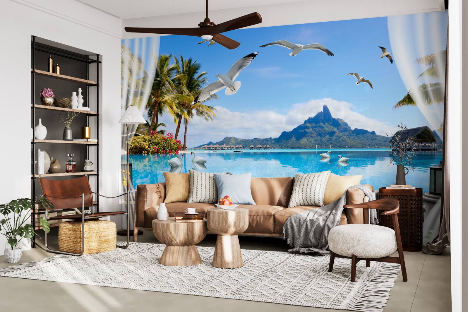 Fototapet terasă cu vedere la munți și iaz