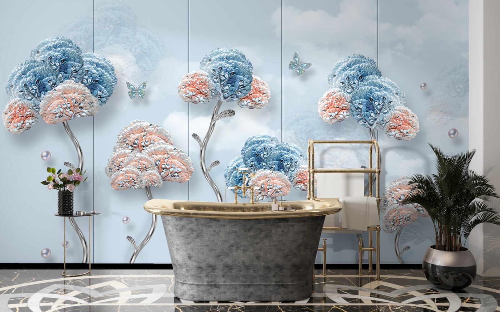 Fototapet hortensii aranjate pe un panou vertical