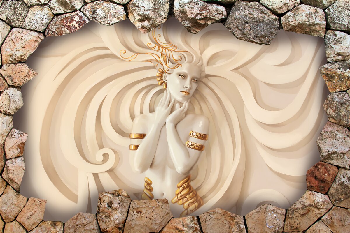 Fototapet imaginea unei fete cu păr lung și aur în interiorul unei pietre