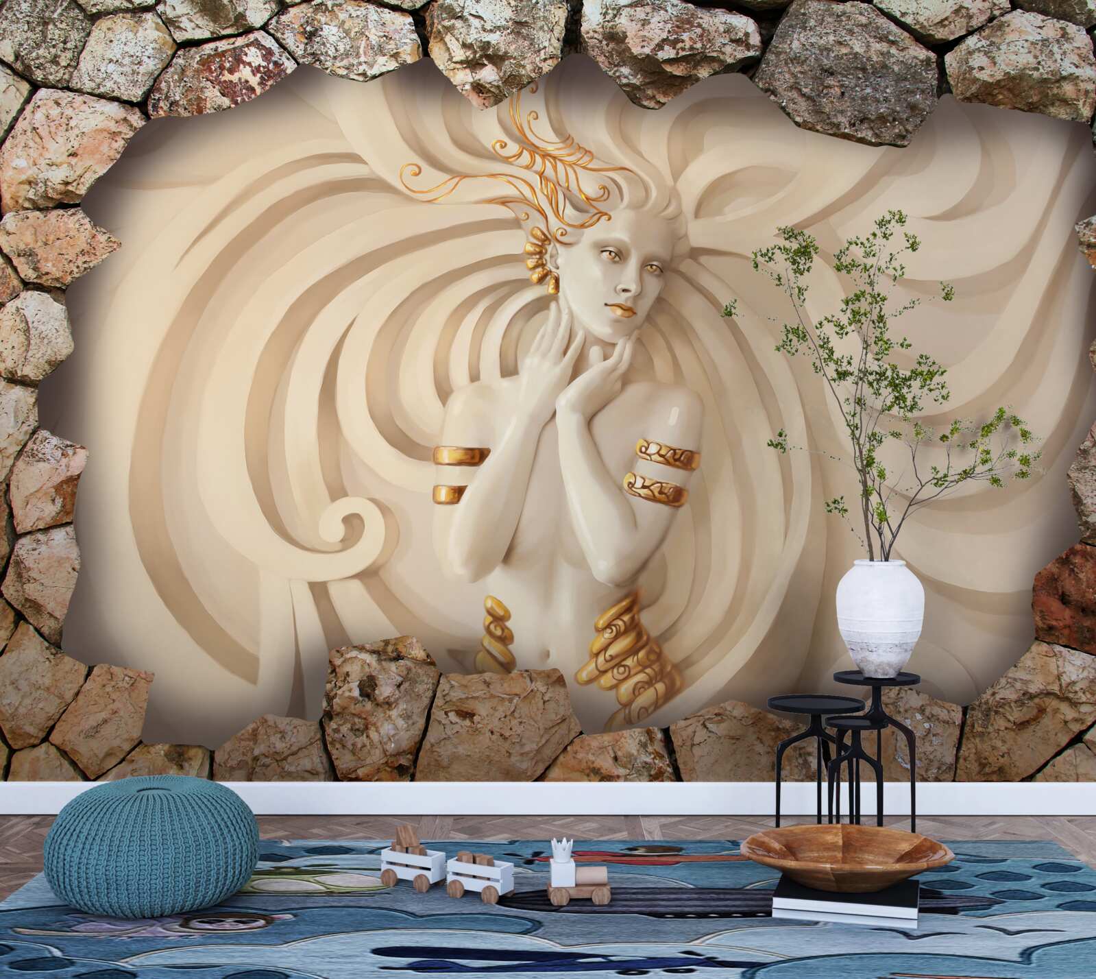 Fototapet imaginea unei fete cu păr lung și aur în interiorul unei pietre