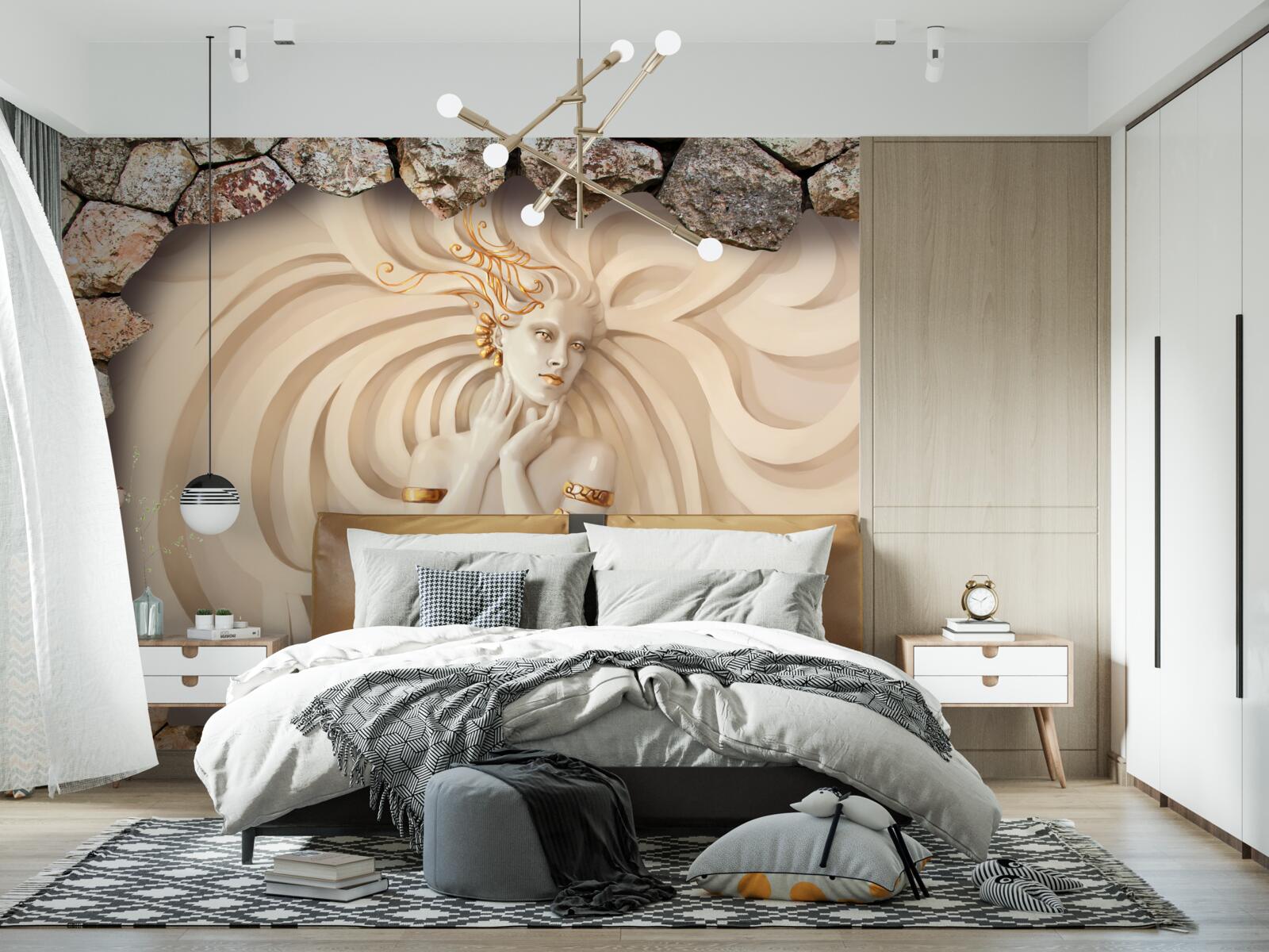 Fototapet imaginea unei fete cu păr lung și aur în interiorul unei pietre