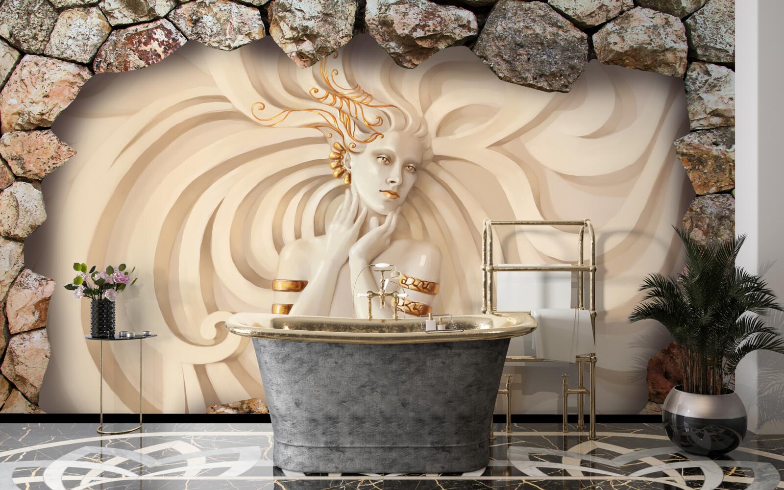 Fototapet imaginea unei fete cu păr lung și aur în interiorul unei pietre