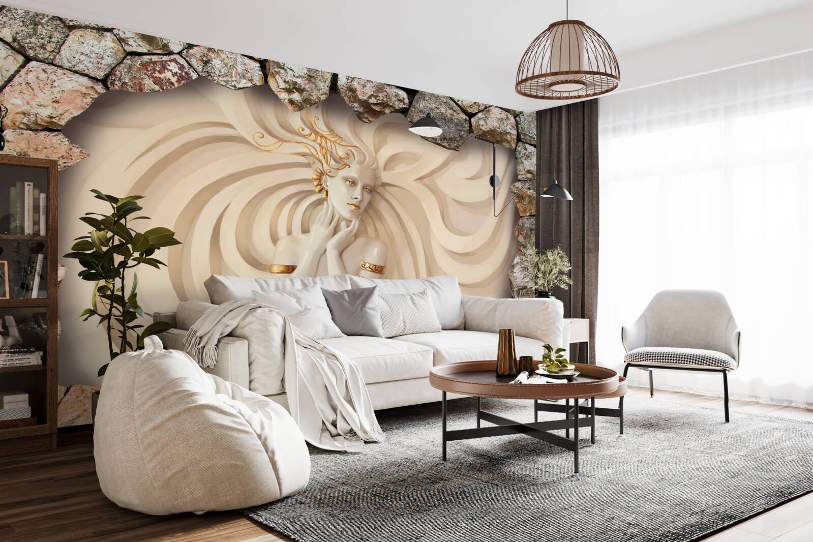 Fototapet imaginea unei fete cu păr lung și aur în interiorul unei pietre