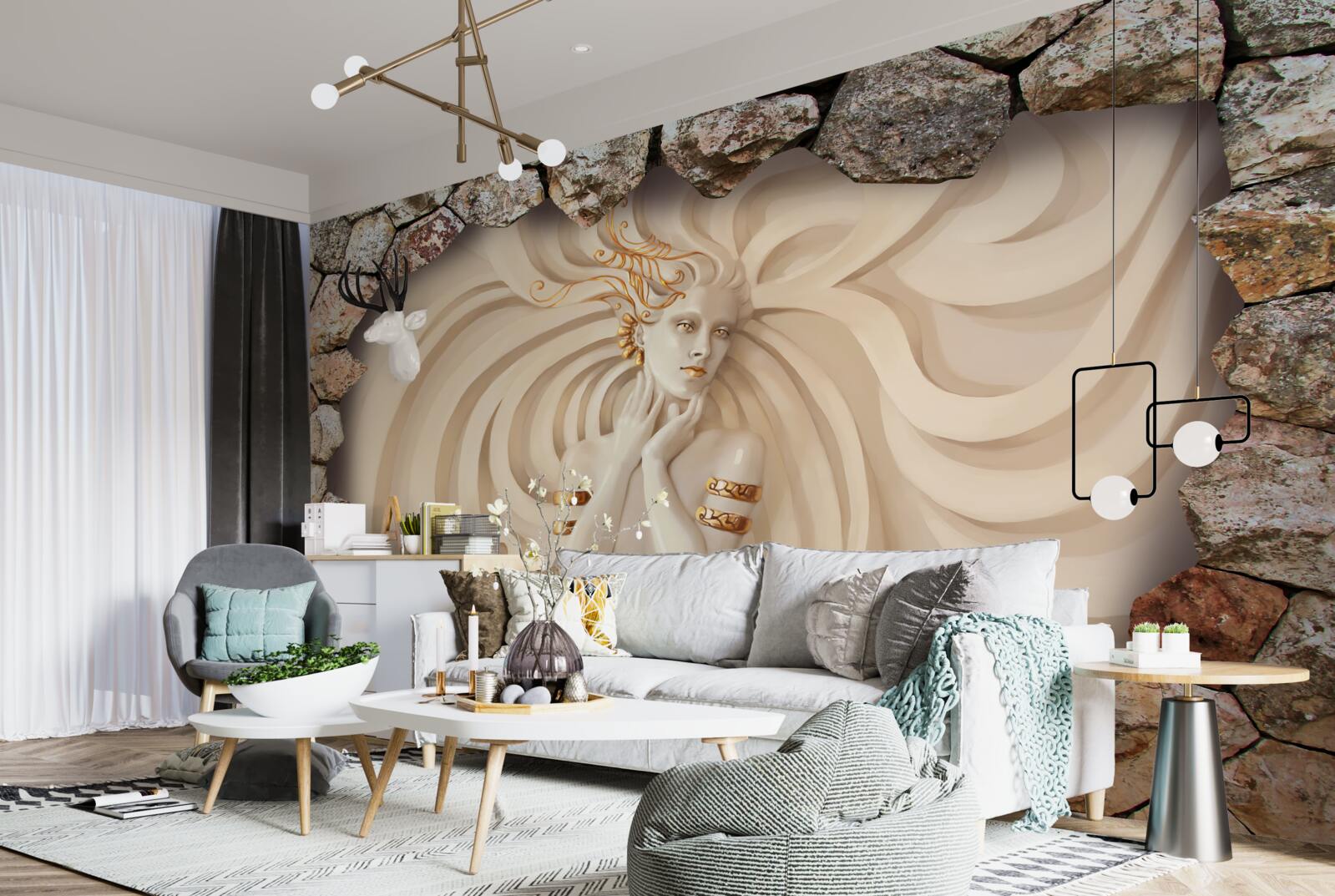 Fototapet imaginea unei fete cu păr lung și aur în interiorul unei pietre